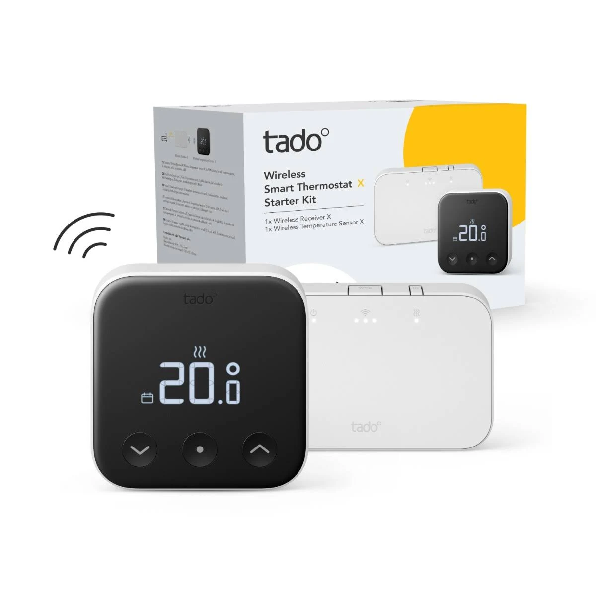 Un kit de thermostat intelligent blanc et noir avec un écran affichant 20,8. La boîte est à l'arrière-plan.