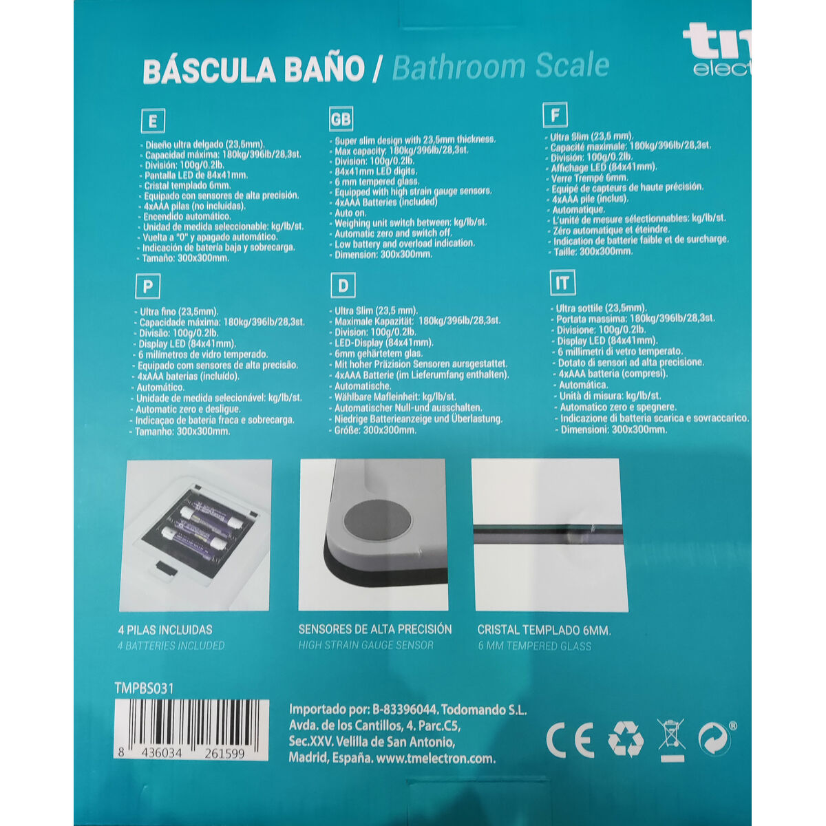 Báscula de baño con texto en varios idiomas, detallando características y dimensiones.