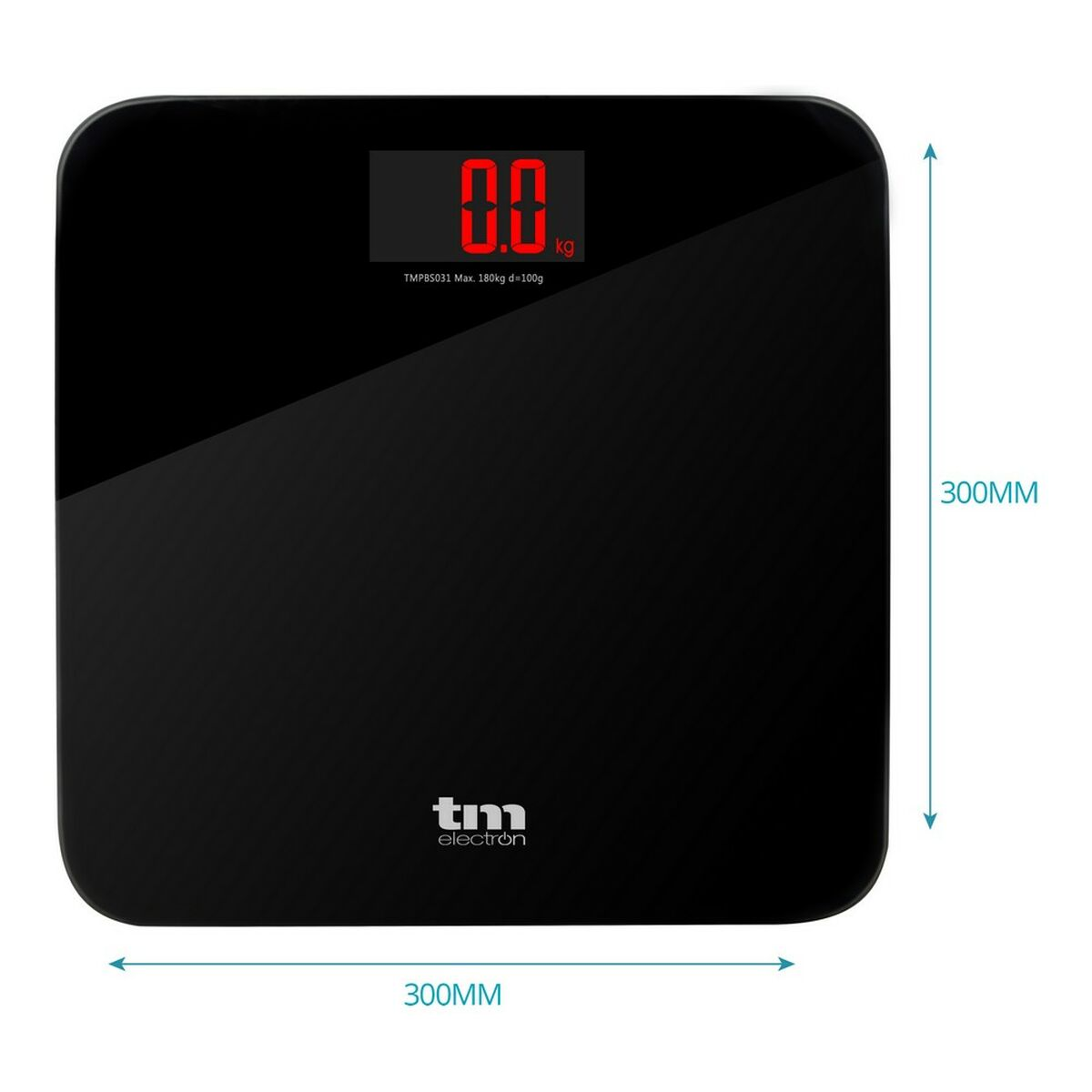Báscula electrónica negra. Forma rectangular. Muestra 0,0 kg en rojo. Logotipo TM electron. Fondo negro.