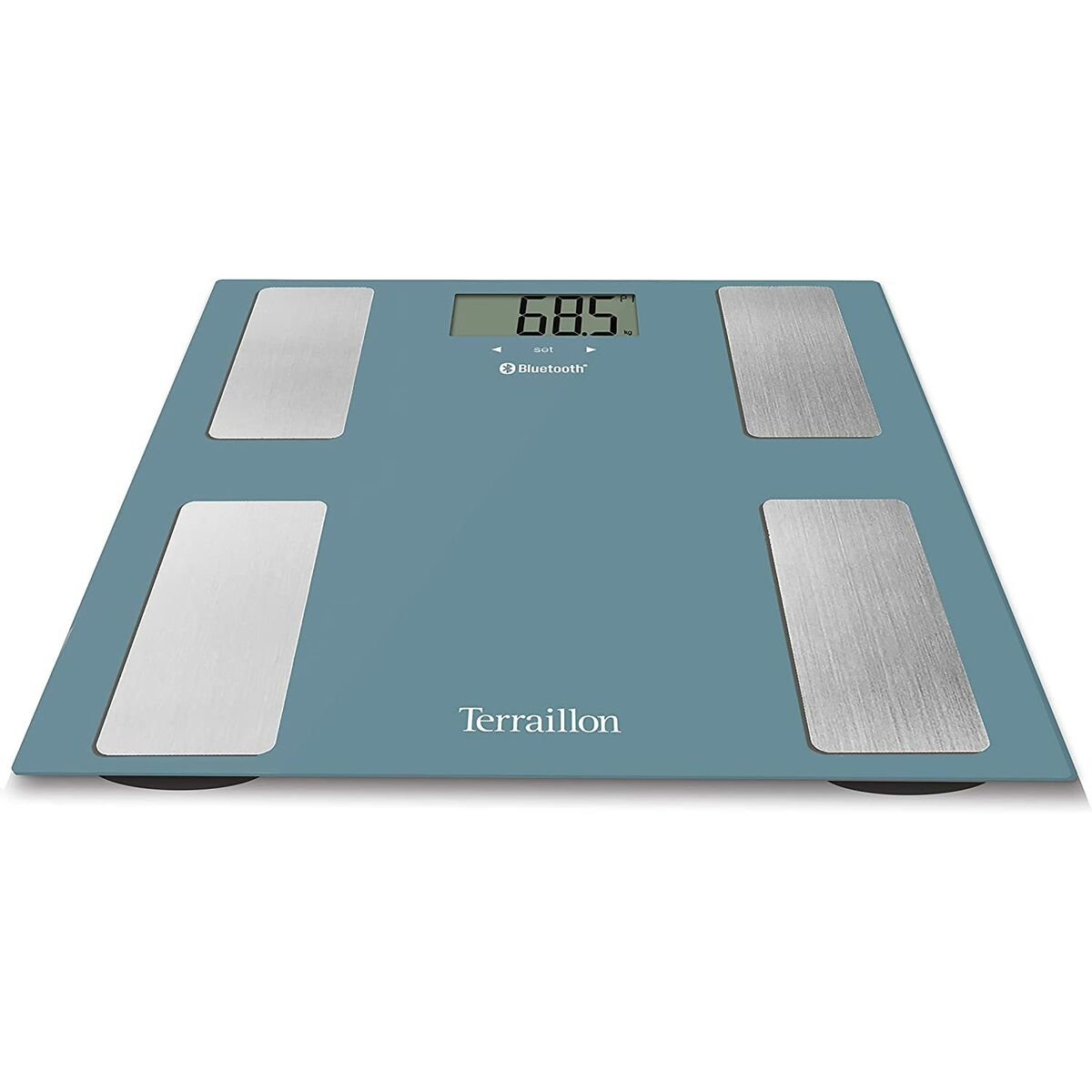 Blaue Waage mit Digitalanzeige 68,5. Vier silberne Pads auf der Oberfläche.