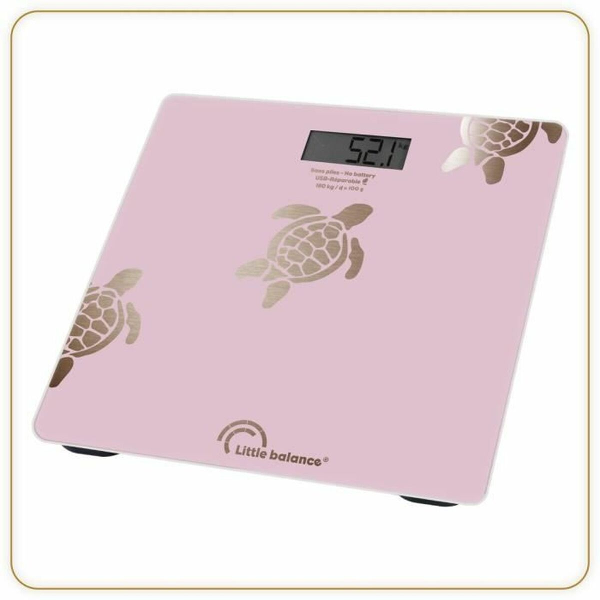 Una báscula de baño rosa con tres diseños de tortugas y una pantalla digital que muestra 52.1, con el logo de Little Balance.