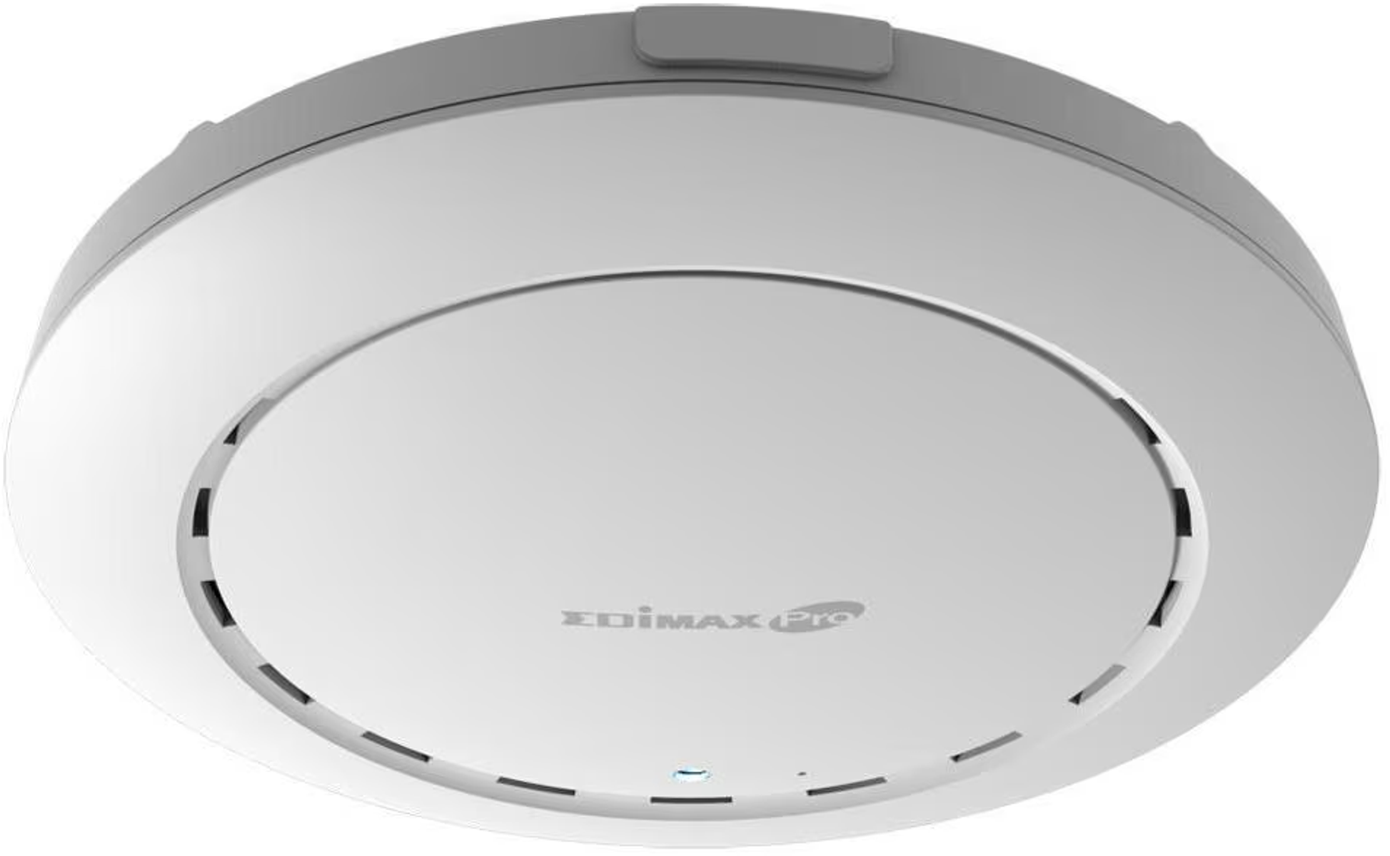 Un punto de acceso Edimax Pro blanco, redondo, montado en el techo, con marca y ventilaciones visibles.