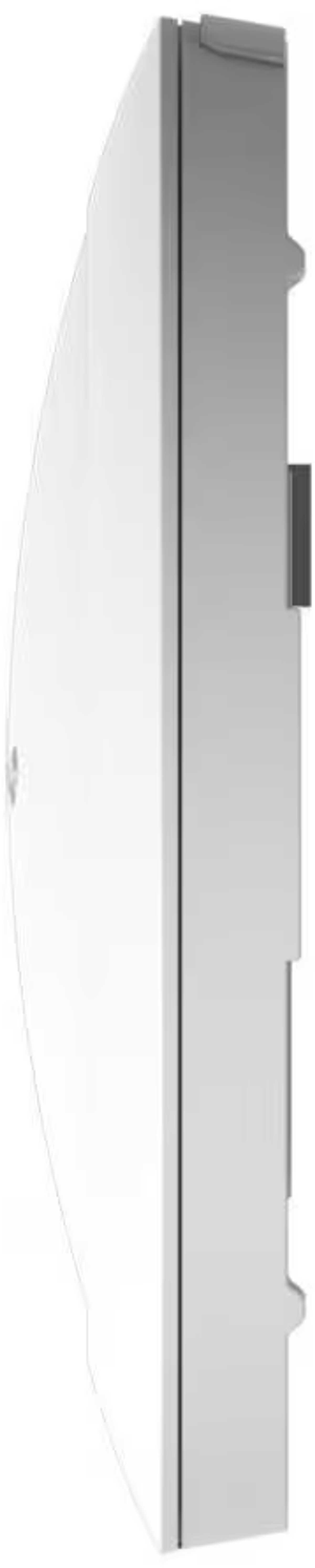 Un objeto rectangular blanco y redondeado. Tiene un pequeño detalle oscuro en el lateral.