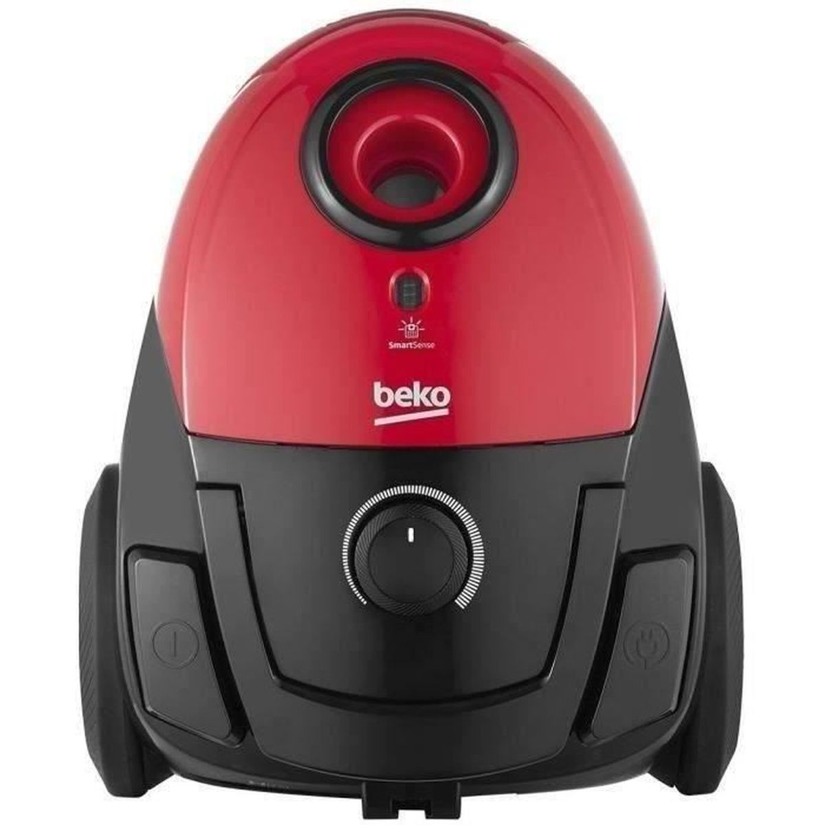 Red and black Beko vacuum cleaner. It is viewed from the front.