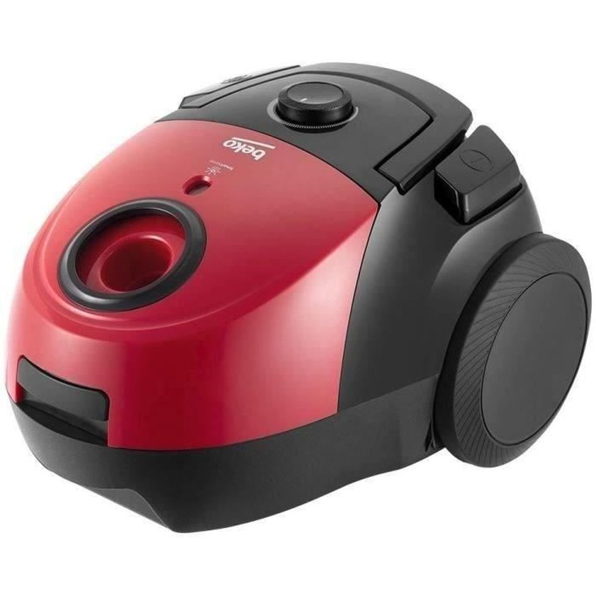 Red and black Beko vacuum cleaner. The vacuum cleaner has a round shape and a black button on top.