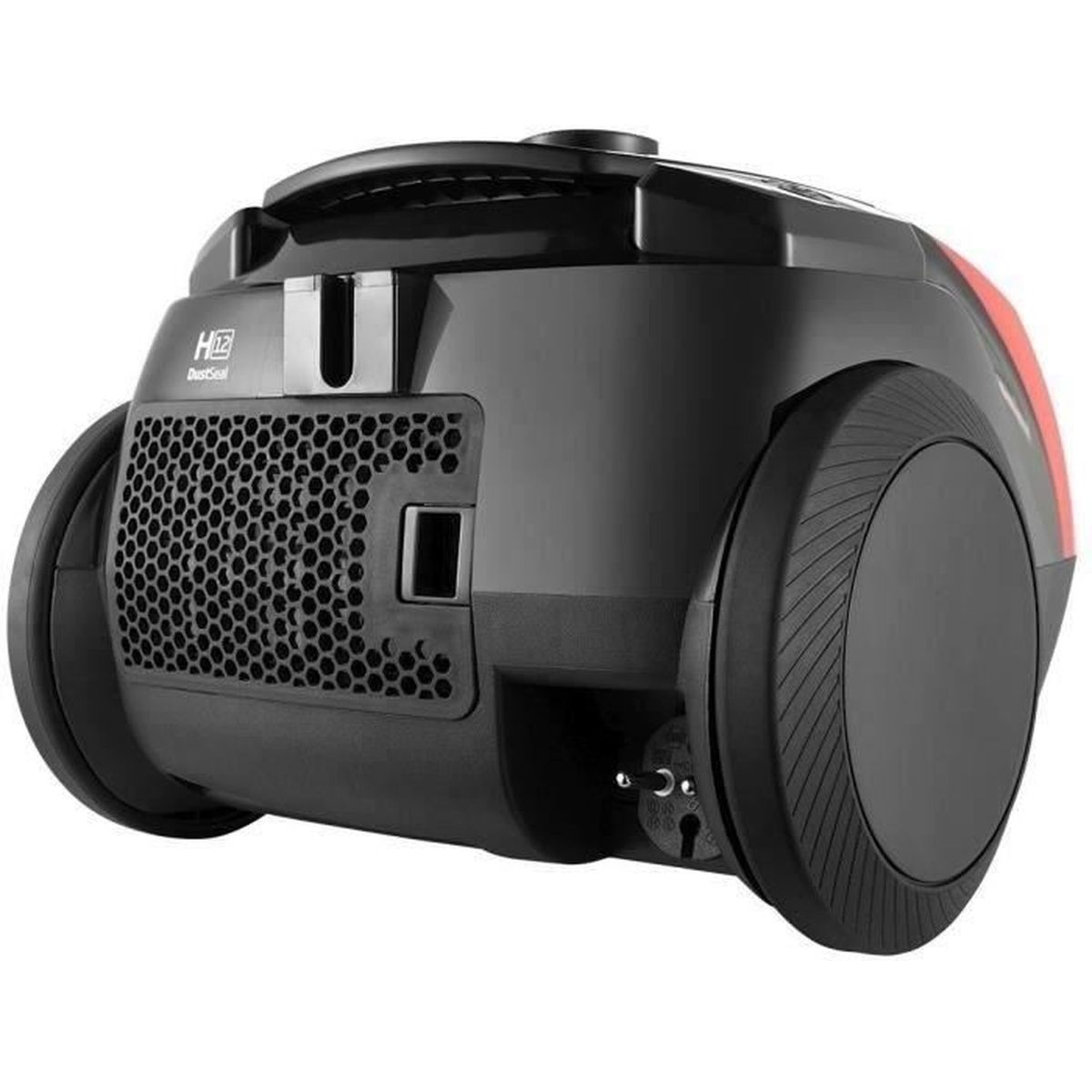 A vacuum cleaner's back view with a red accent, showing wheels, the dust seal, and power inlet.