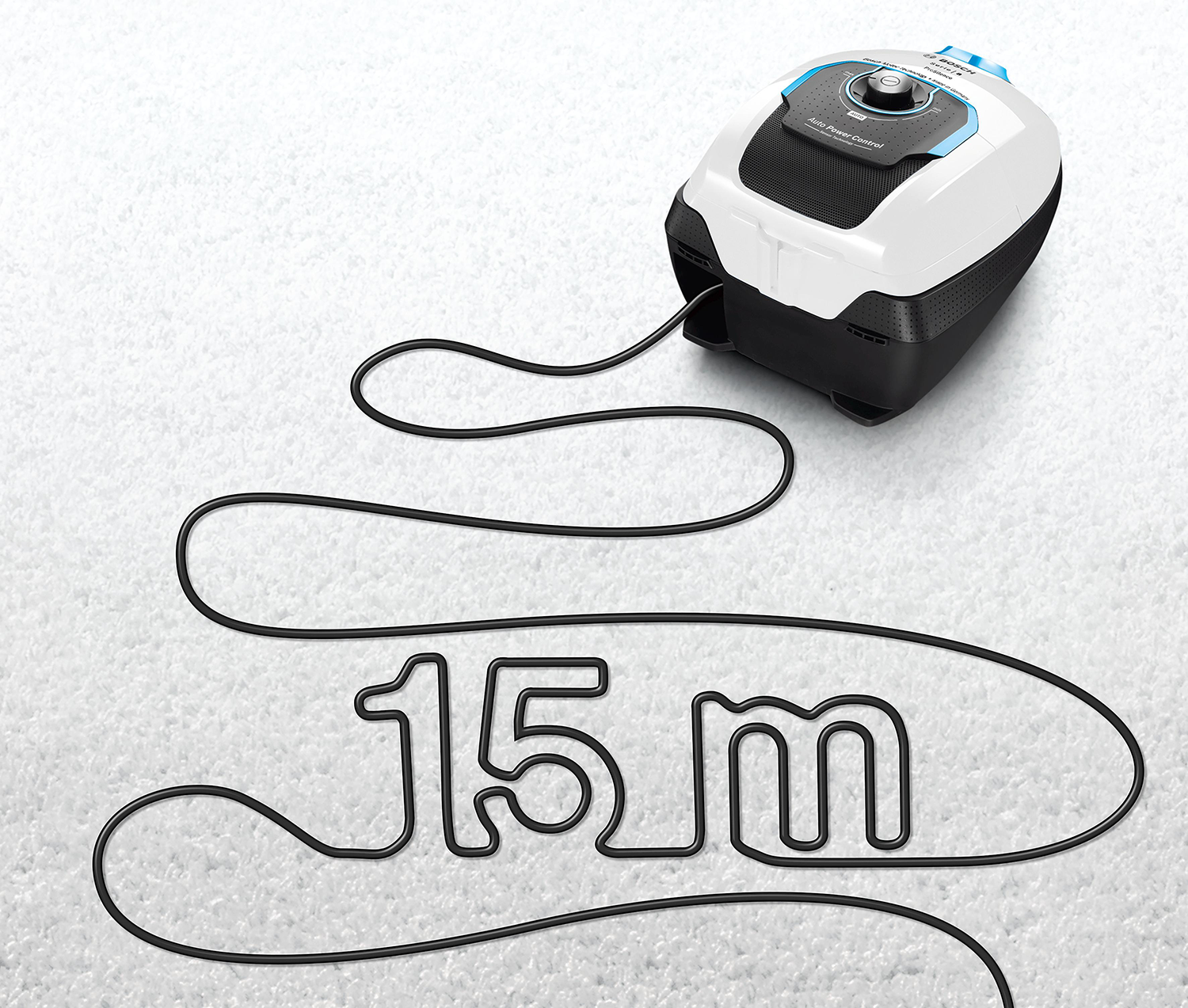 Odkurzacz z czarnym kablem tworzącym '15 m'. Biały i niebieski odkurzacz na górze po prawej.