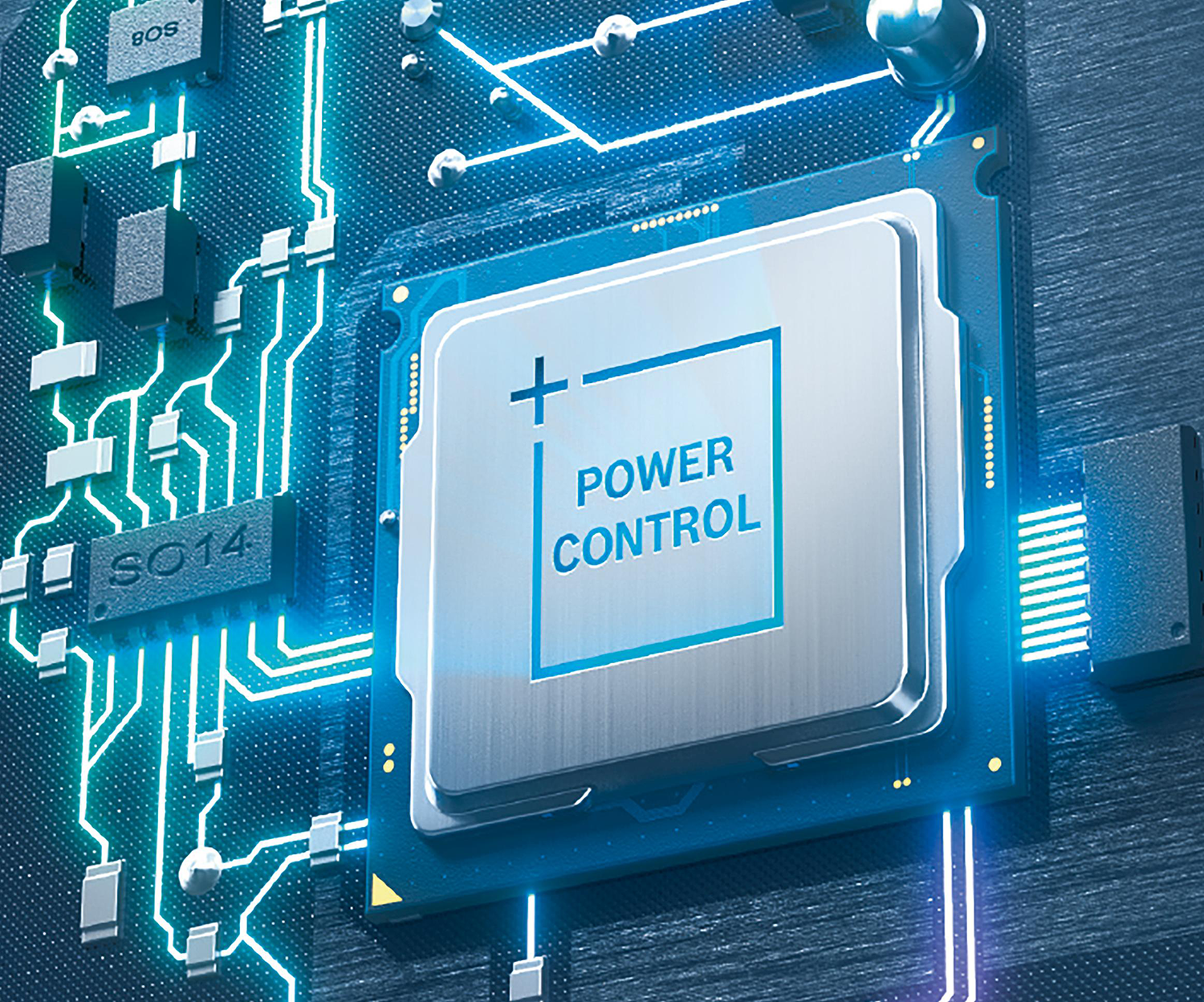 Zbliżenie na chip komputerowy z napisem POWER CONTROL.