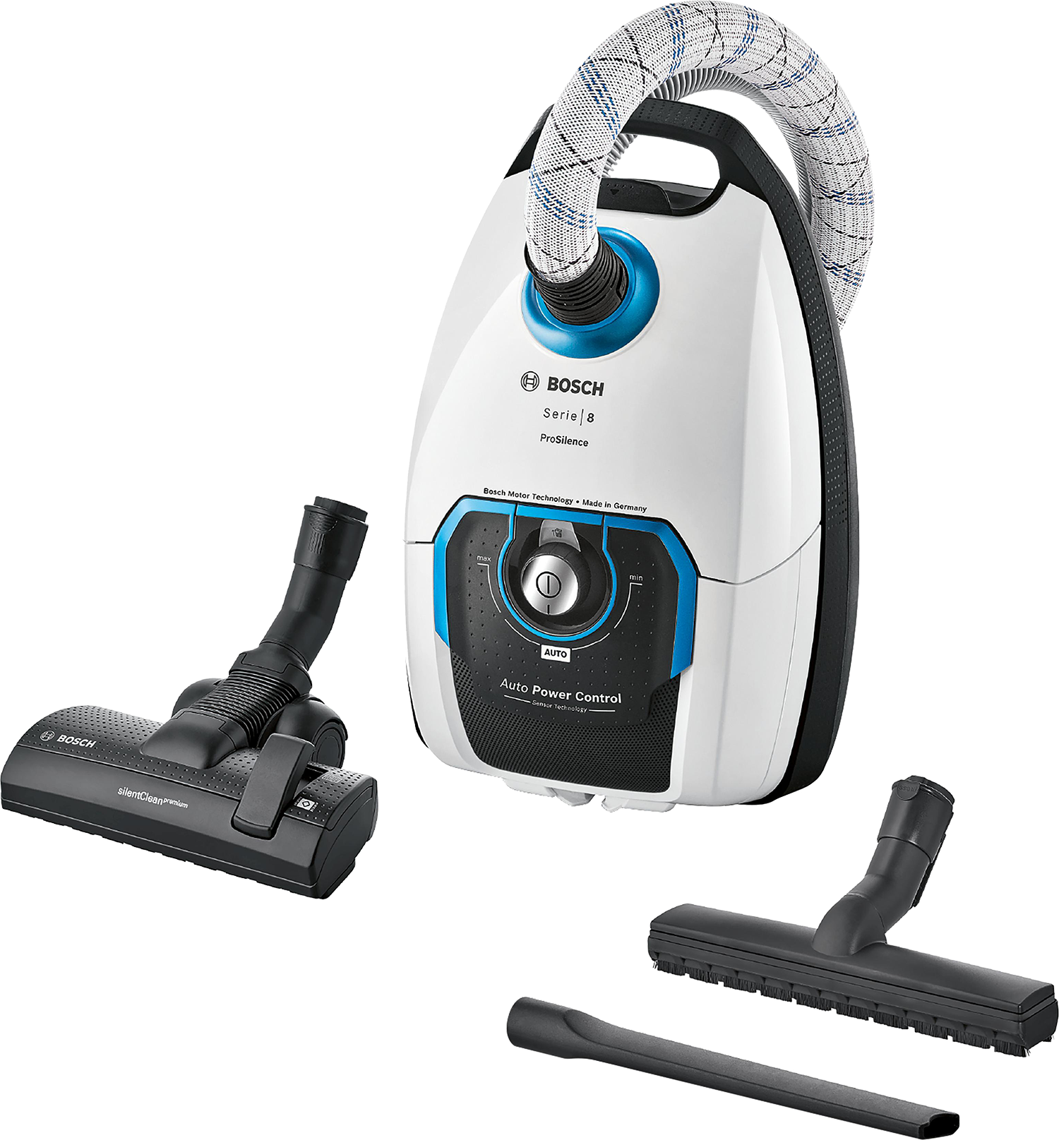 Biały i niebieski odkurzacz z wieloma nasadkami. Czarne tło.