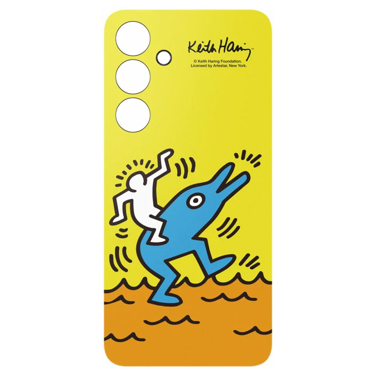 Custodia per telefono gialla con disegno di Keith Haring: figura che cavalca un delfino.