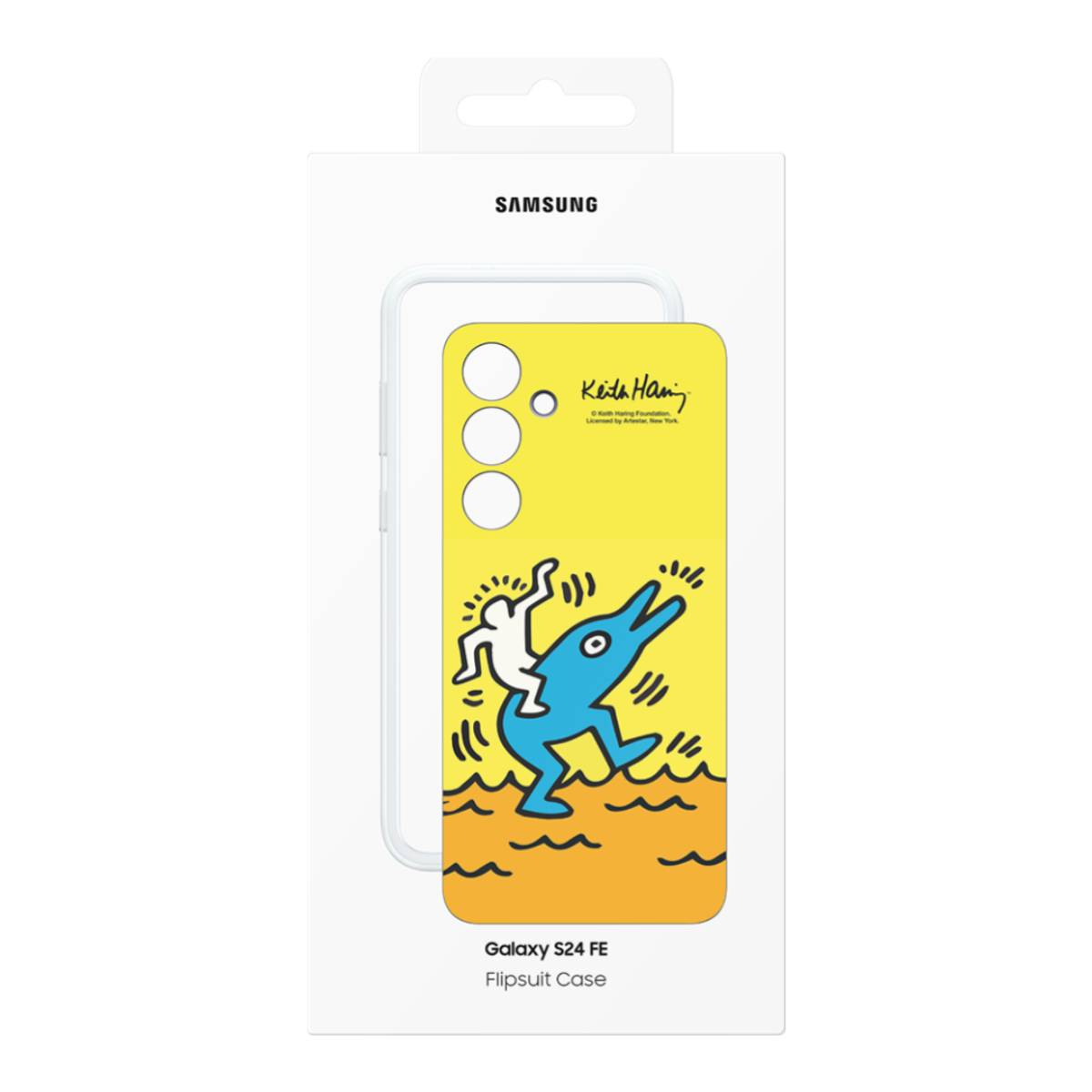 Custodia per smartphone in scatola con un design di Keith Haring con una figura che cavalca un delfino.