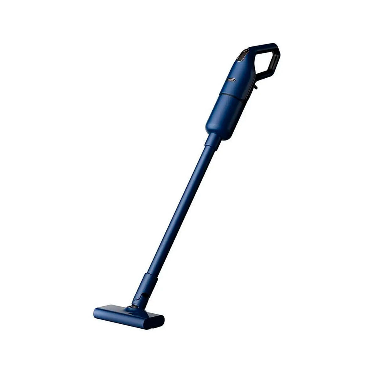 Un aspirapolvere portatile blu, posizionato in diagonale su uno sfondo bianco.