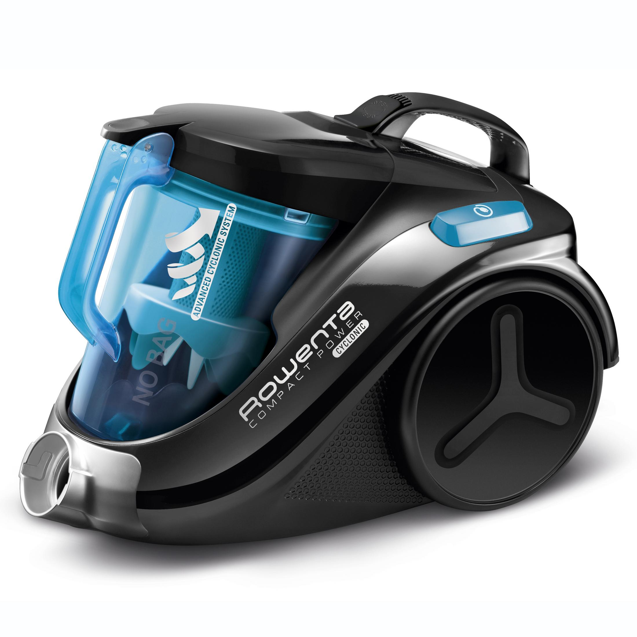 Czarny i niebieski odkurzacz Rowenta z przezroczystym pojemnikiem na kurz, na białym tle.