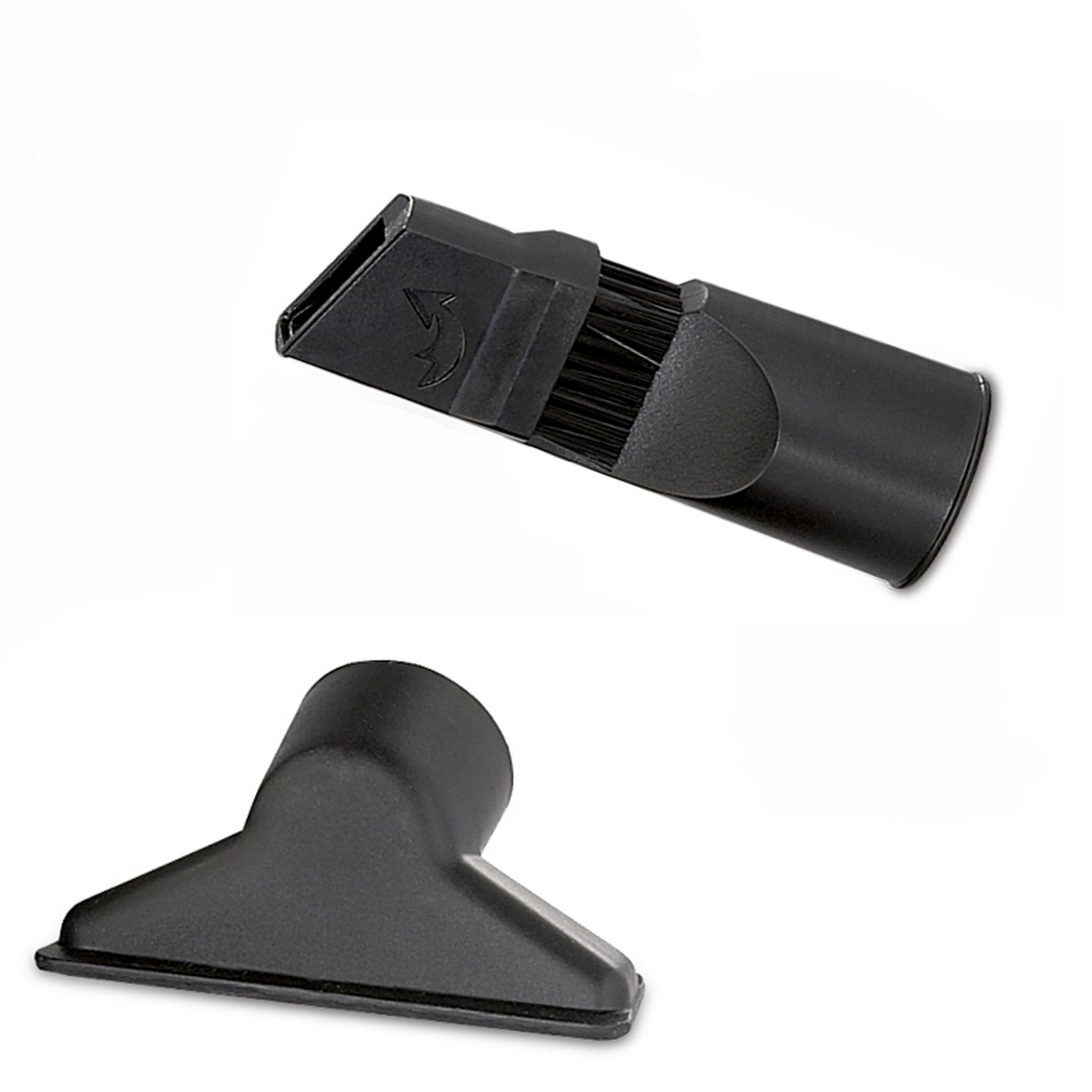 Dwa czarne przystawki do odkurzacza. Jedna ze szczotką, druga płaska.