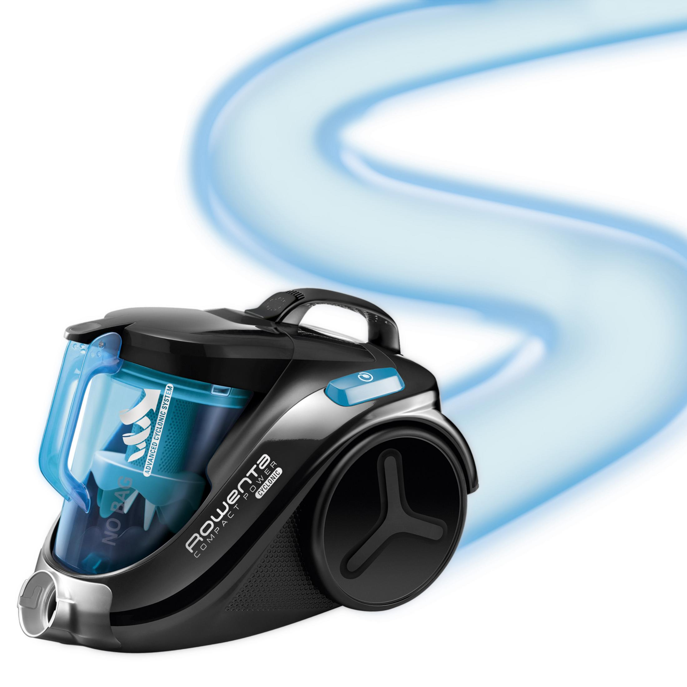 Czarny odkurzacz z niebieskimi akcentami. Za nim płynie niebieski ślad. Marka to Rowenta.