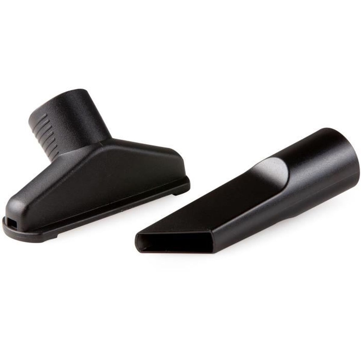 Dwa czarne akcesoria do odkurzacza na białym tle. Jedno to szczotka, drugie to ssawka szczelinowa.