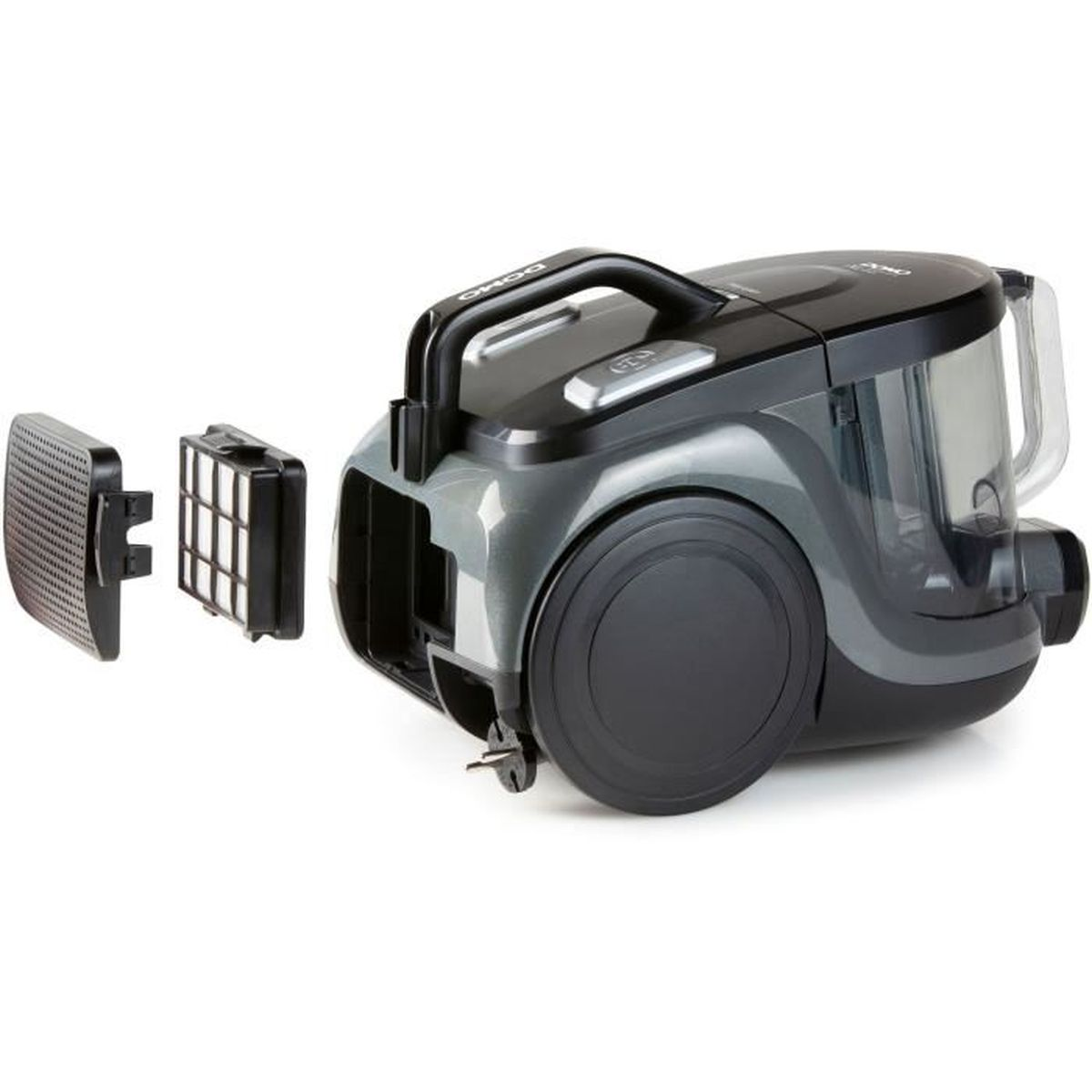 Szary i czarny odkurzacz z odłączonymi filtrami. Białe tło.