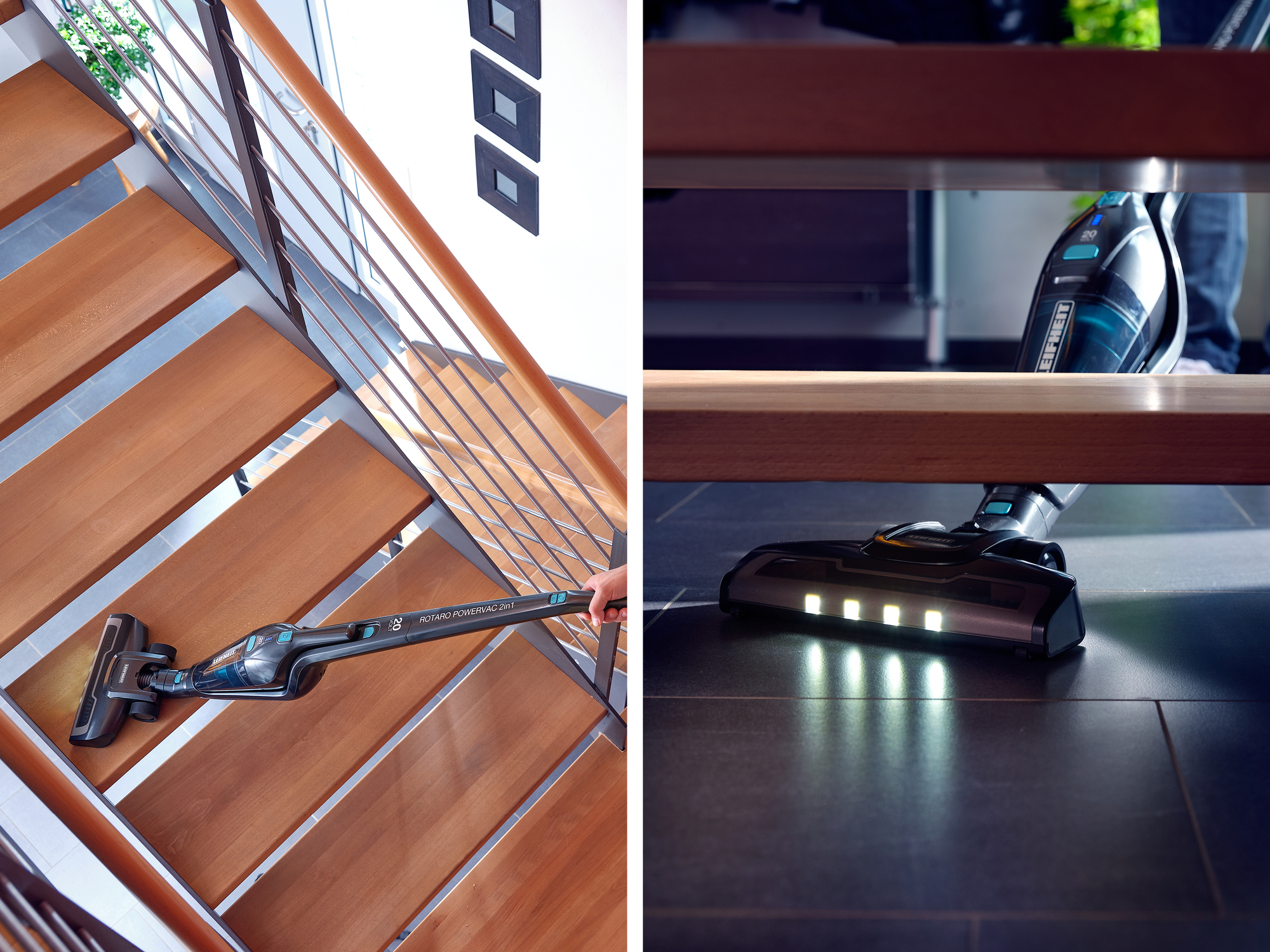 Osoba używająca bezprzewodowego odkurzacza na drewnianych schodach i na podłodze wyłożonej płytkami.