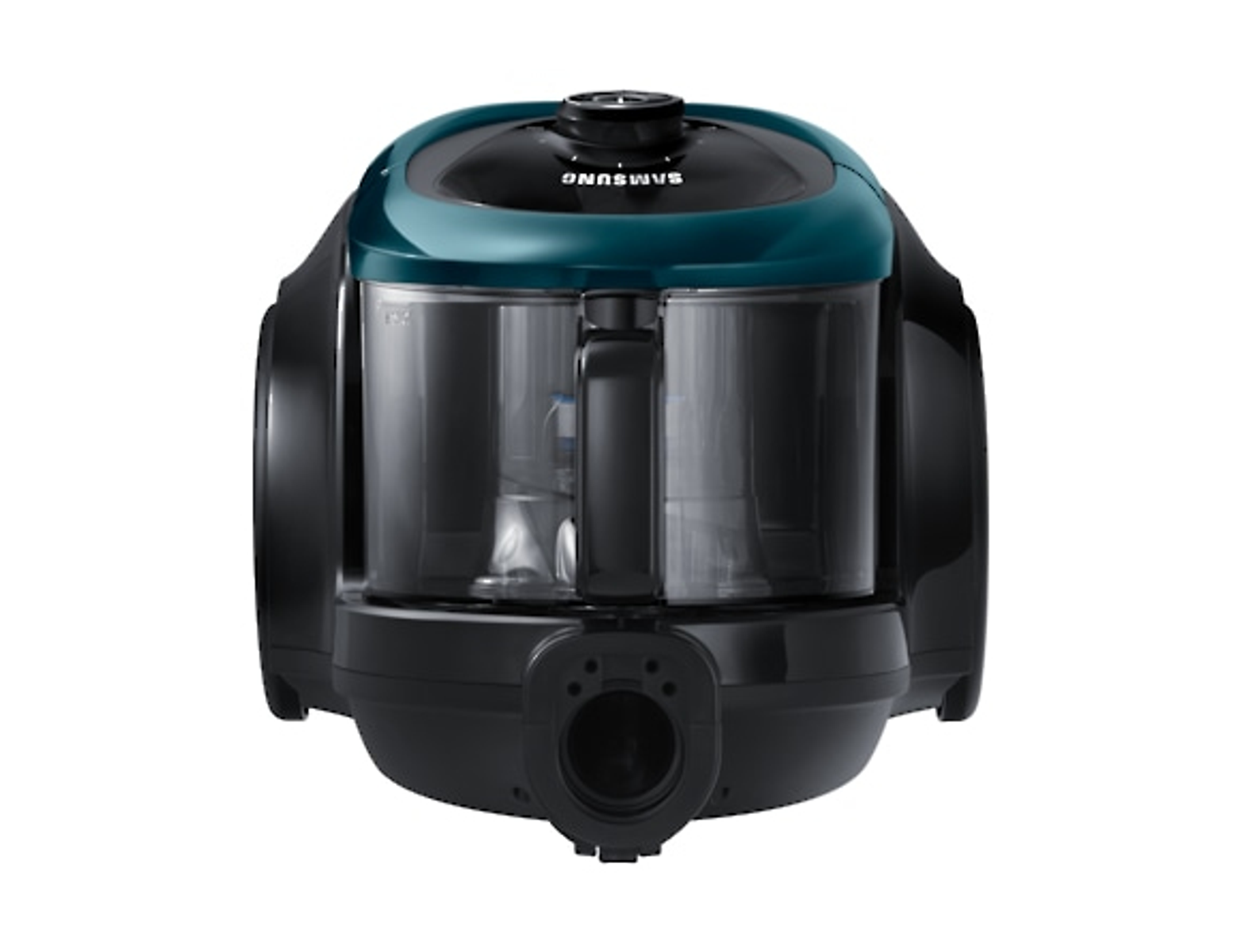 Un aspirapolvere Samsung, visto frontalmente. È nero e verde acqua, con un contenitore trasparente.