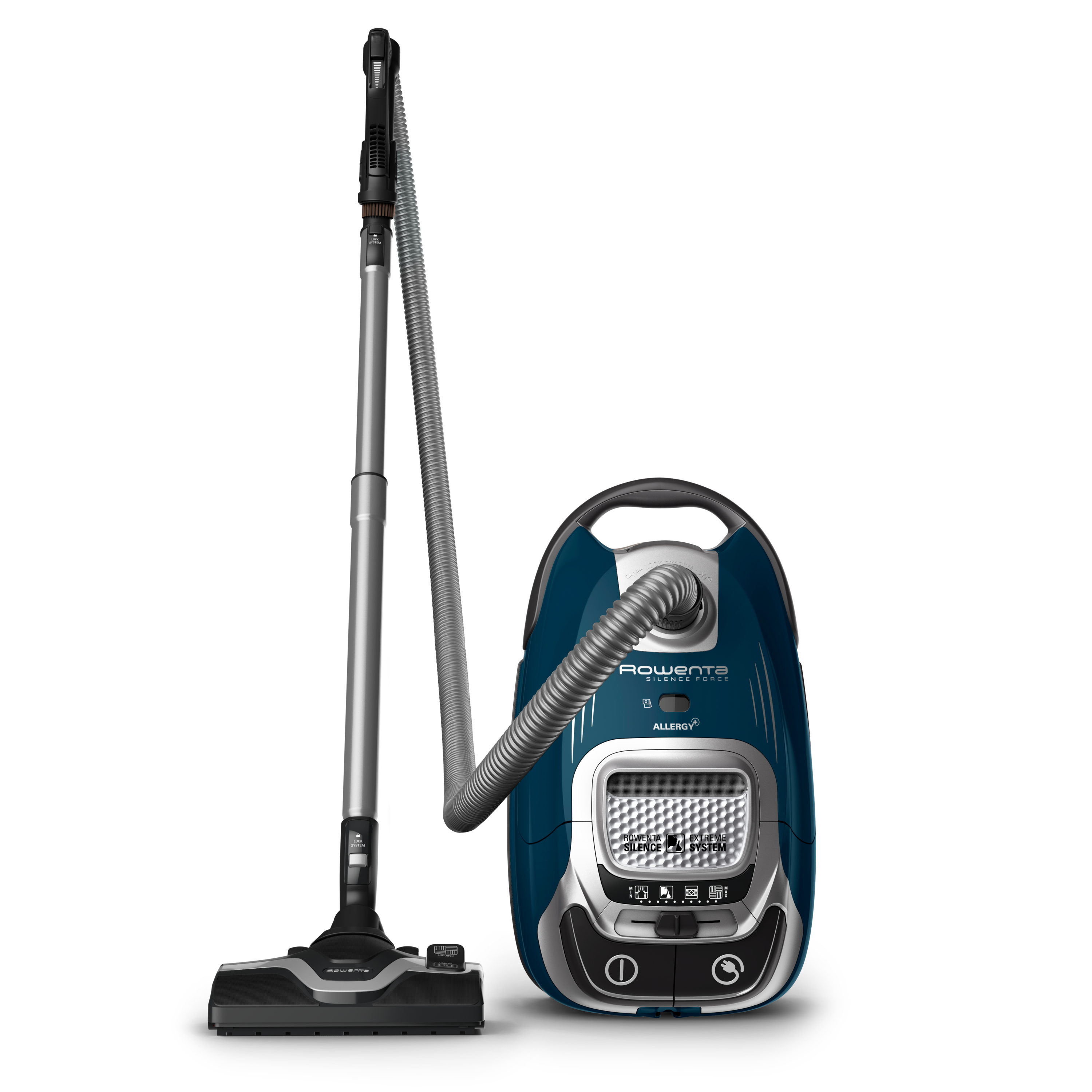Niebieski odkurzacz Rowenta z długim wężem i dołączoną głowicą czyszczącą.