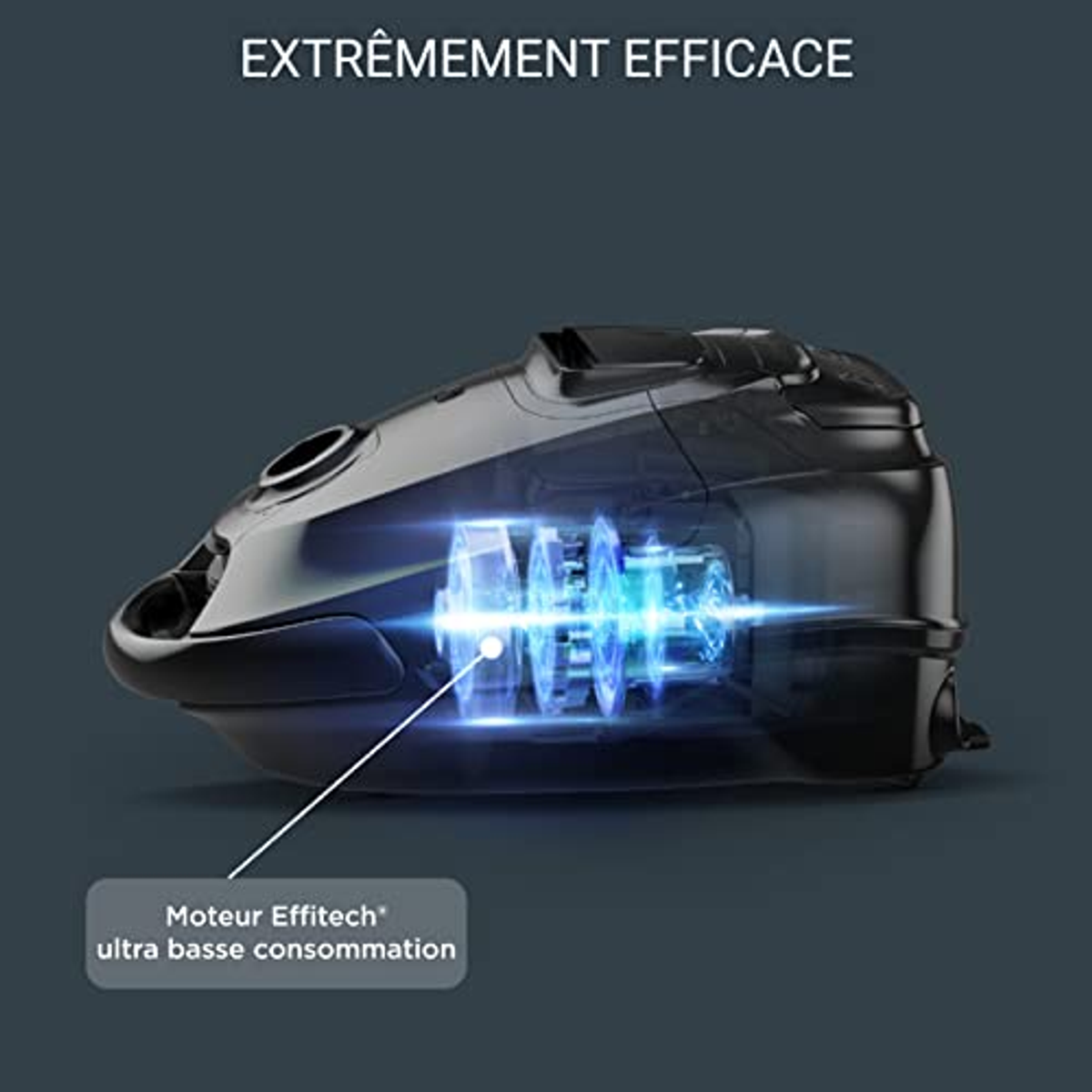 Ilustracja odkurzacza z przezroczystym korpusem, podkreślająca jego mechanikę.