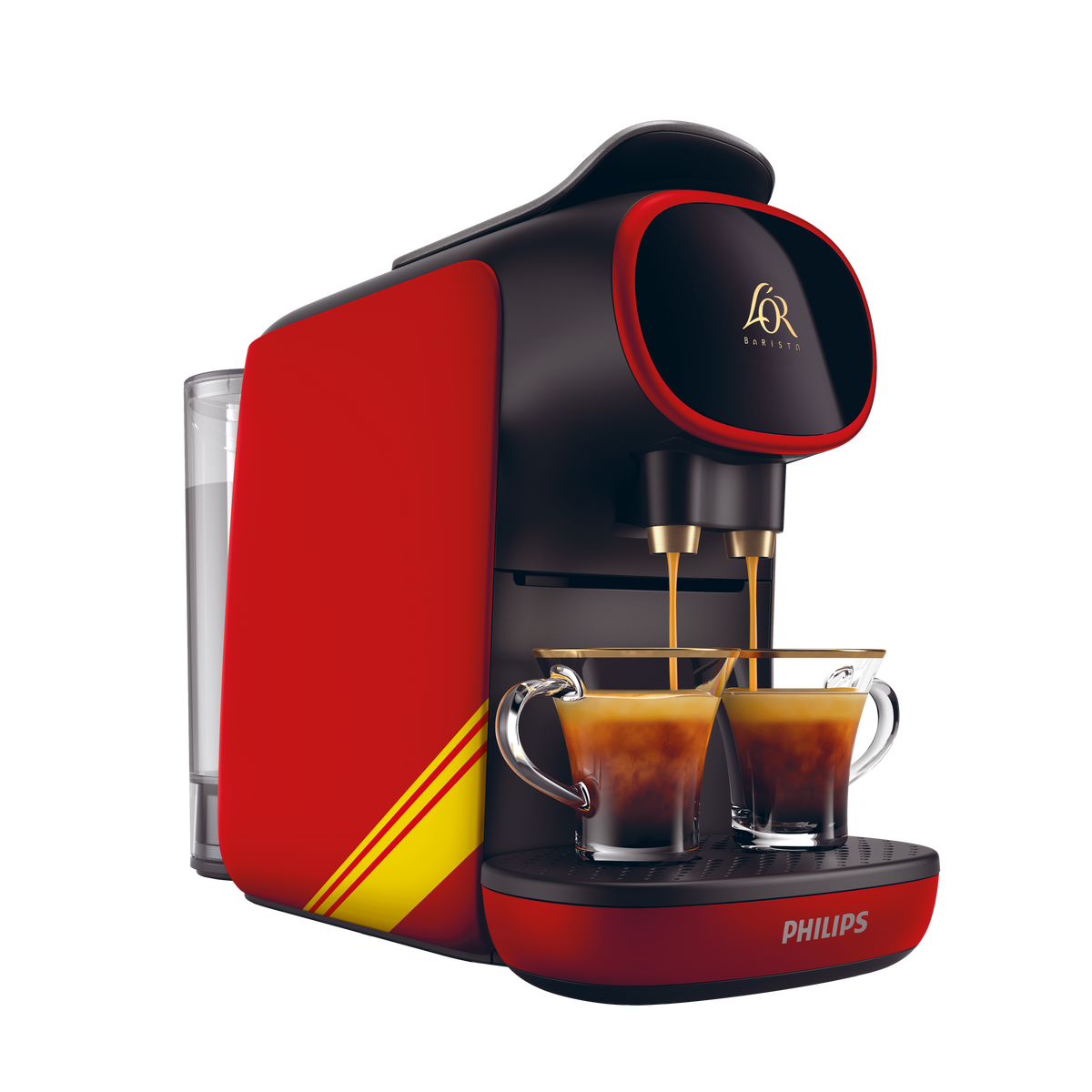 Roter und schwarzer Kaffeezubereiter mit zwei Gläsern. Kaffee wird in die Gläser gegossen.