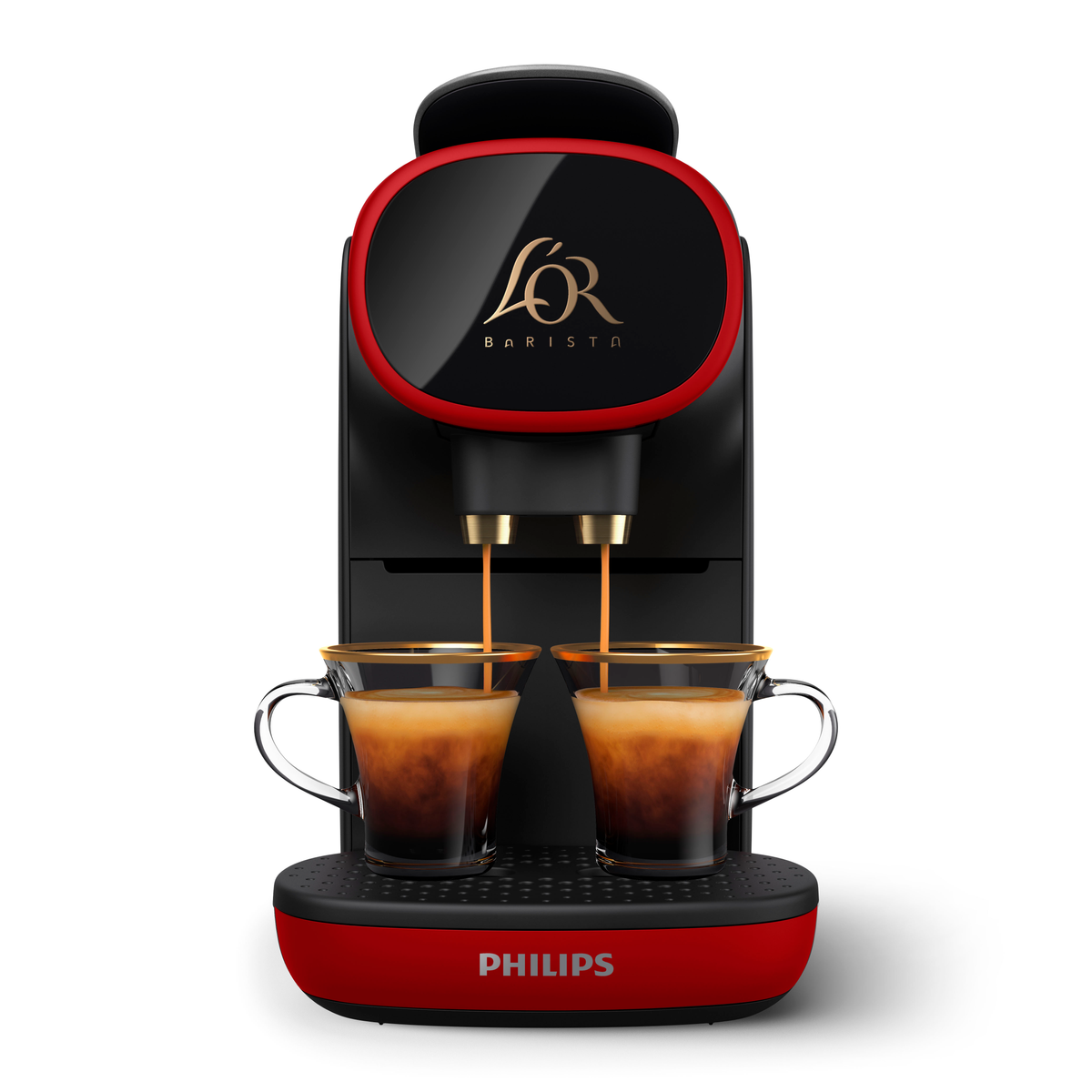 Kaffeemaschine, die zwei Tassen brüht. Roter Sockel, schwarzer Deckel, goldene Akzente und Marke Philips.