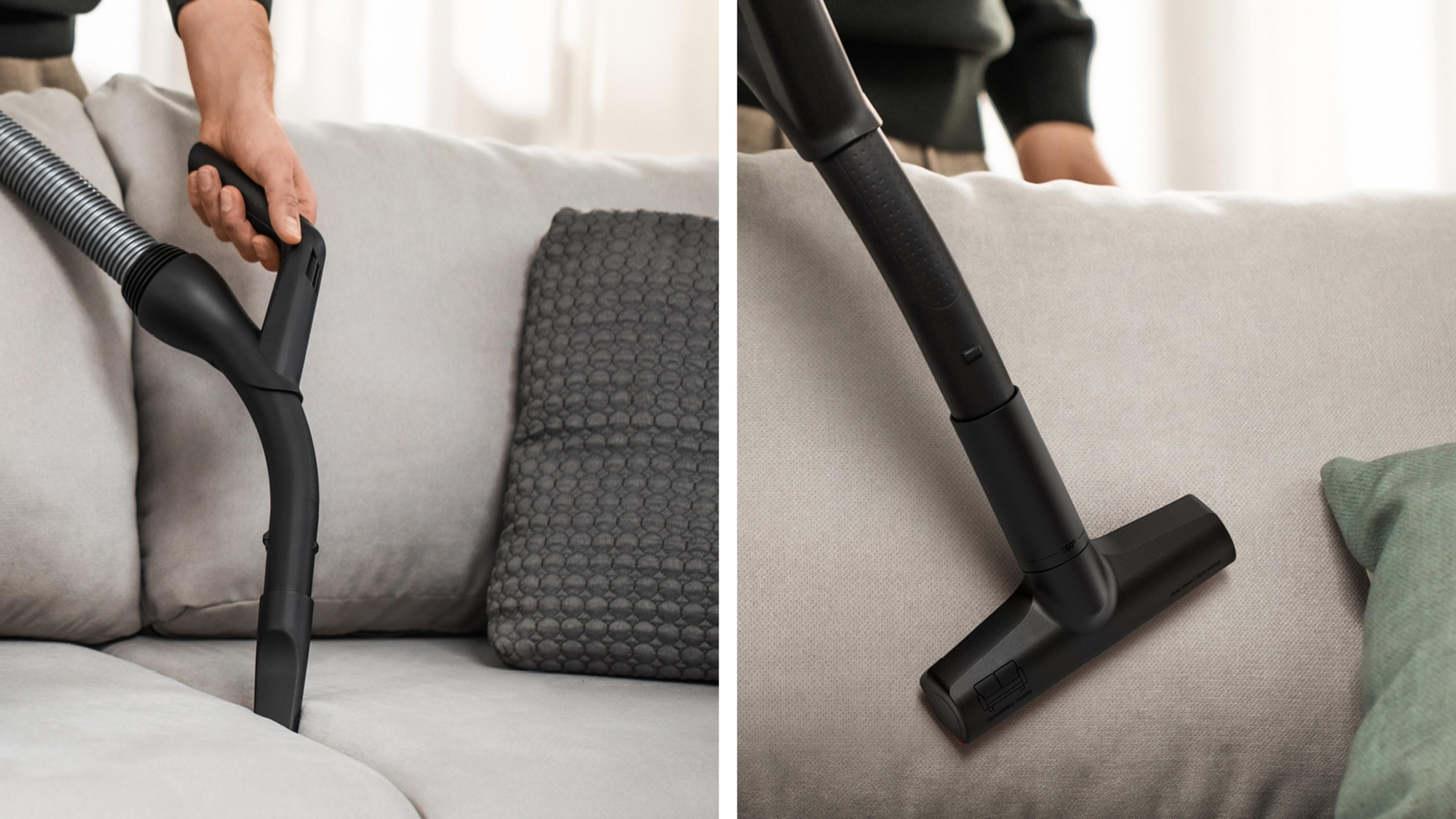 Dwa obrazy pokazujące odkurzanie. Jeden pokazuje wąż z uchwytem, drugi szczotkę.