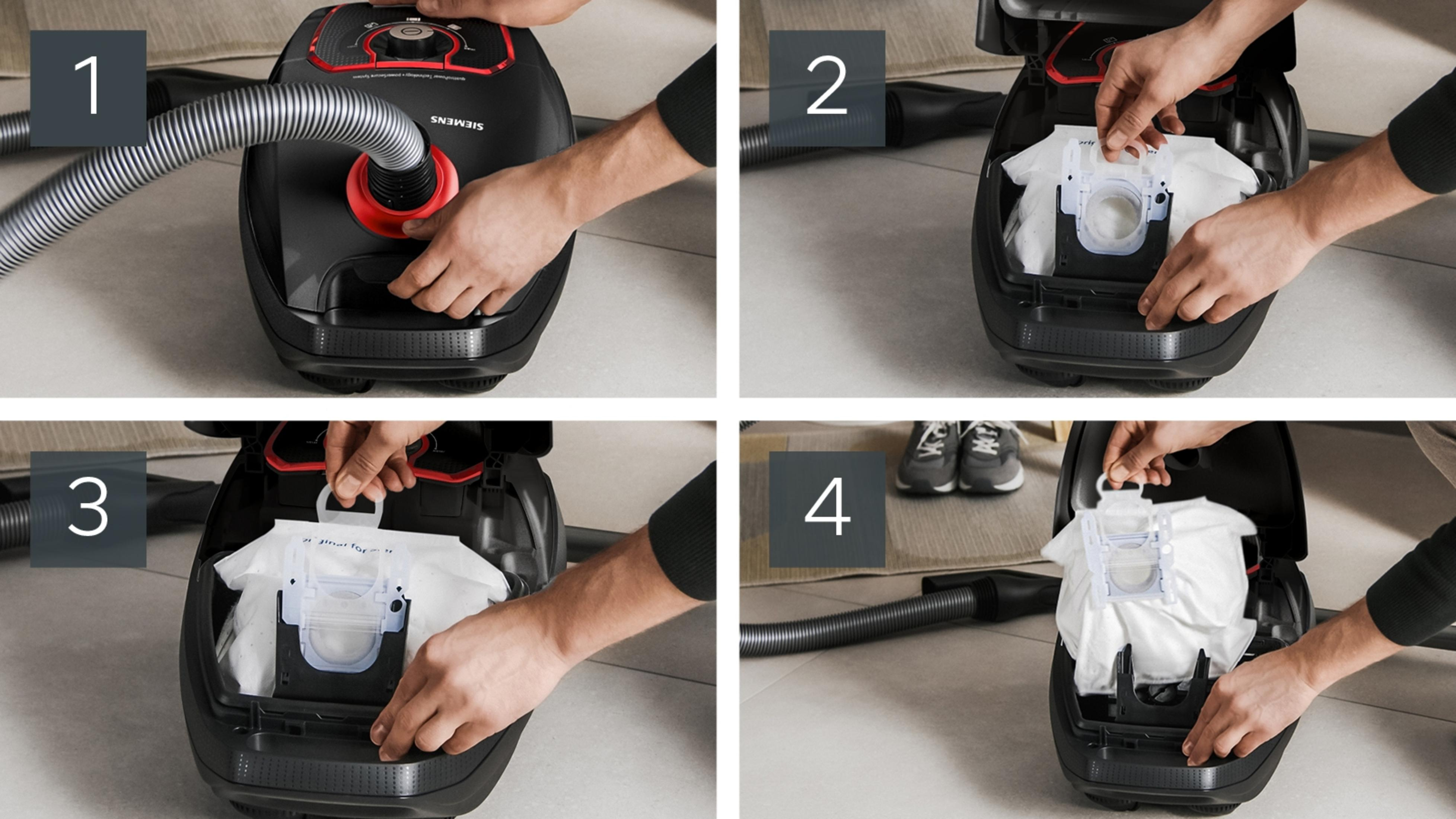 Cztery obrazy pokazujące osobę wymieniającą worek do odkurzacza.
