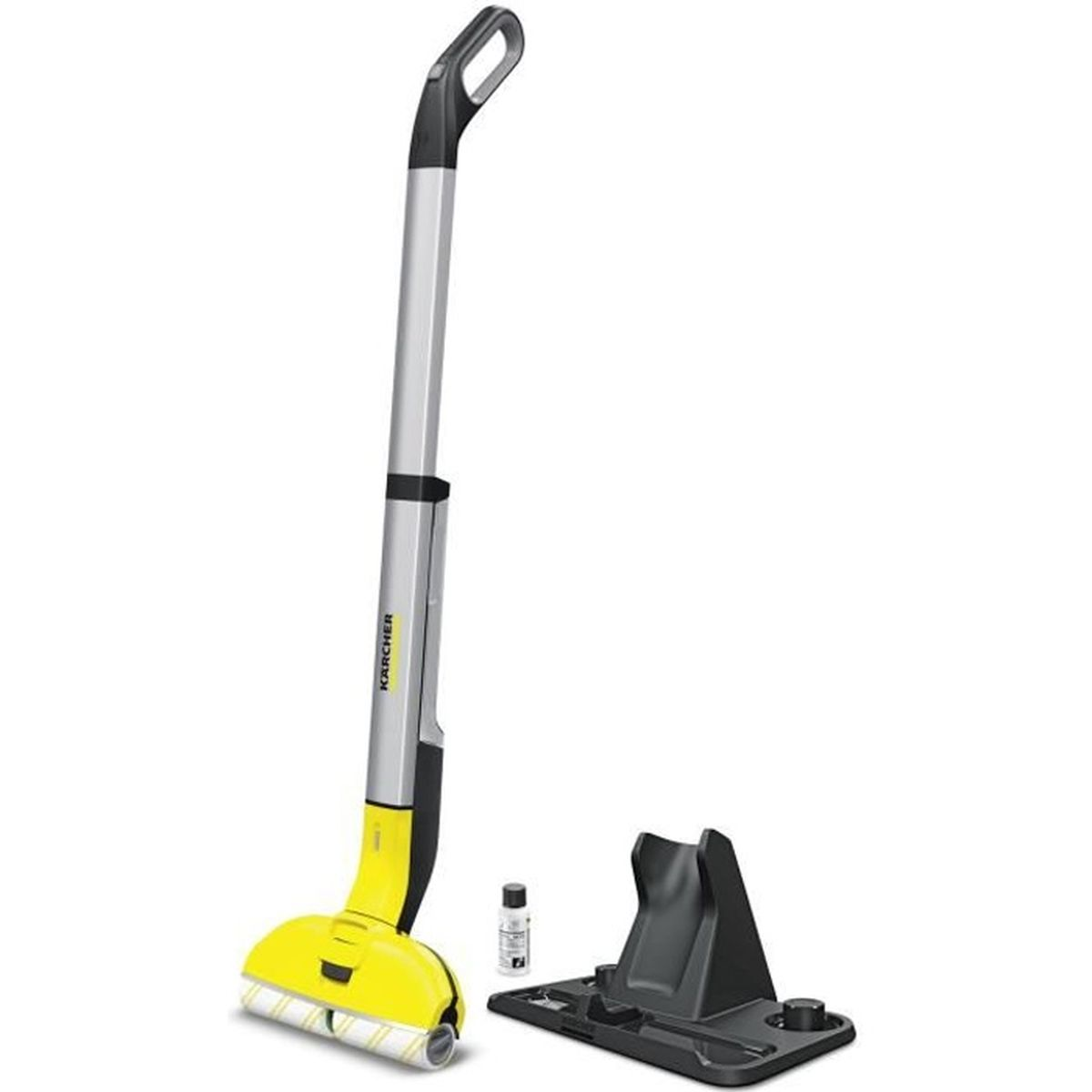 Pulitore per pavimenti giallo e argento e la sua base di ricarica. Il pulitore ha testine gialle.