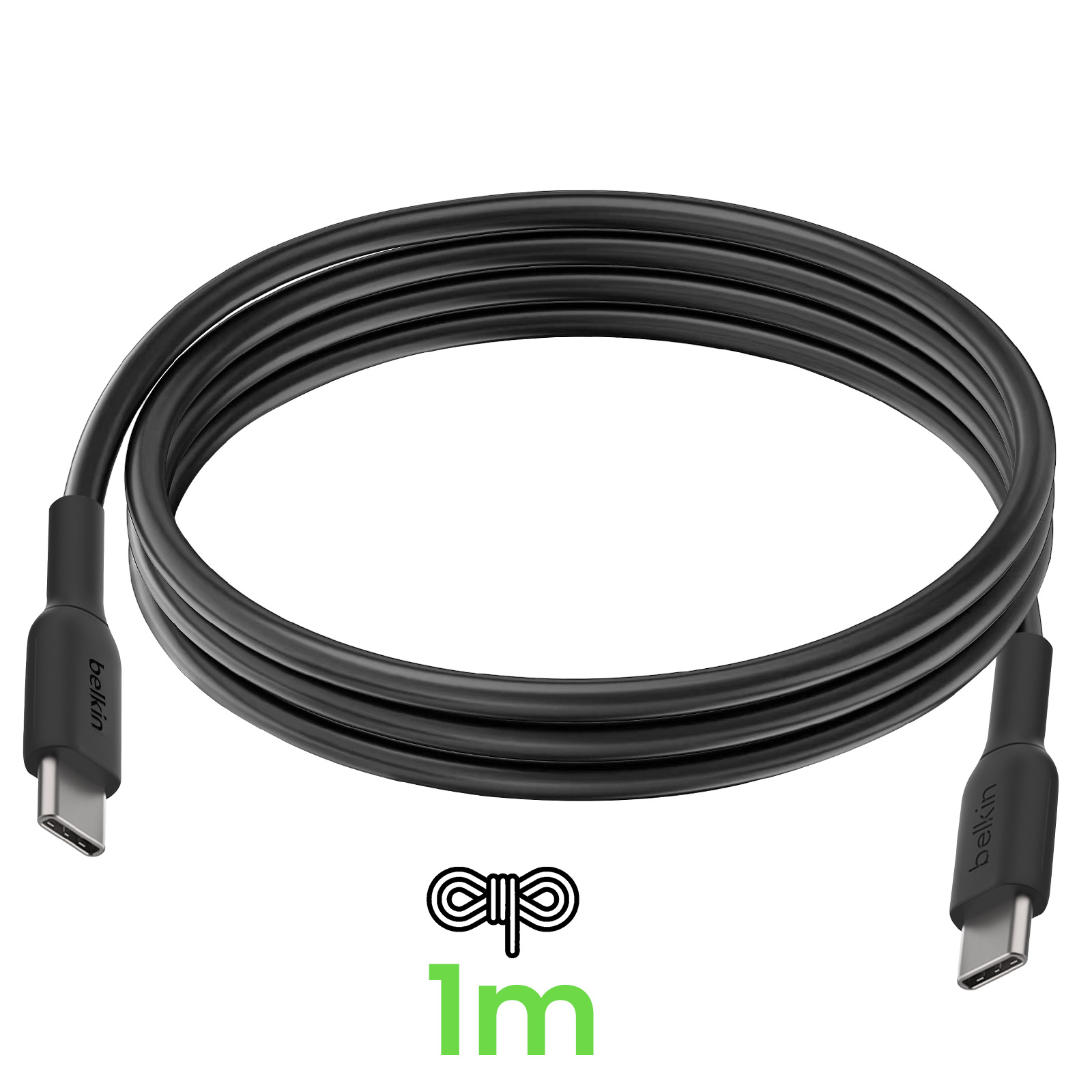Viene mostrato un cavo di ricarica nero con due connettori USB-C.