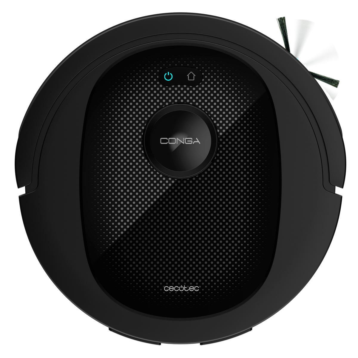 Czarny, okrągły odkurzacz automatyczny z przyciskiem zasilania i przyciskiem powrotu do bazy.