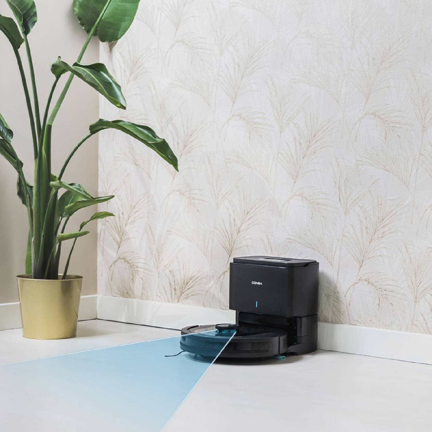 Odkurzacz robot w pokoju, czyszczący podłogę w pobliżu rośliny.