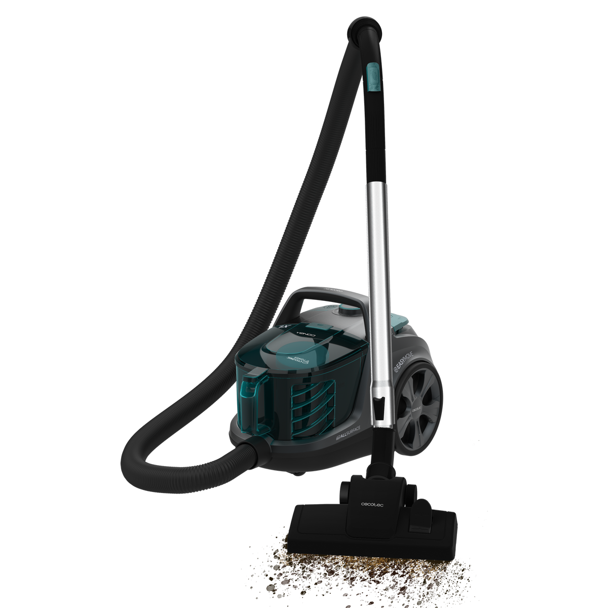 Aspiradora Cecotec Easy Pure, verde azulado y negra, con manguera y accesorios sobre fondo negro.