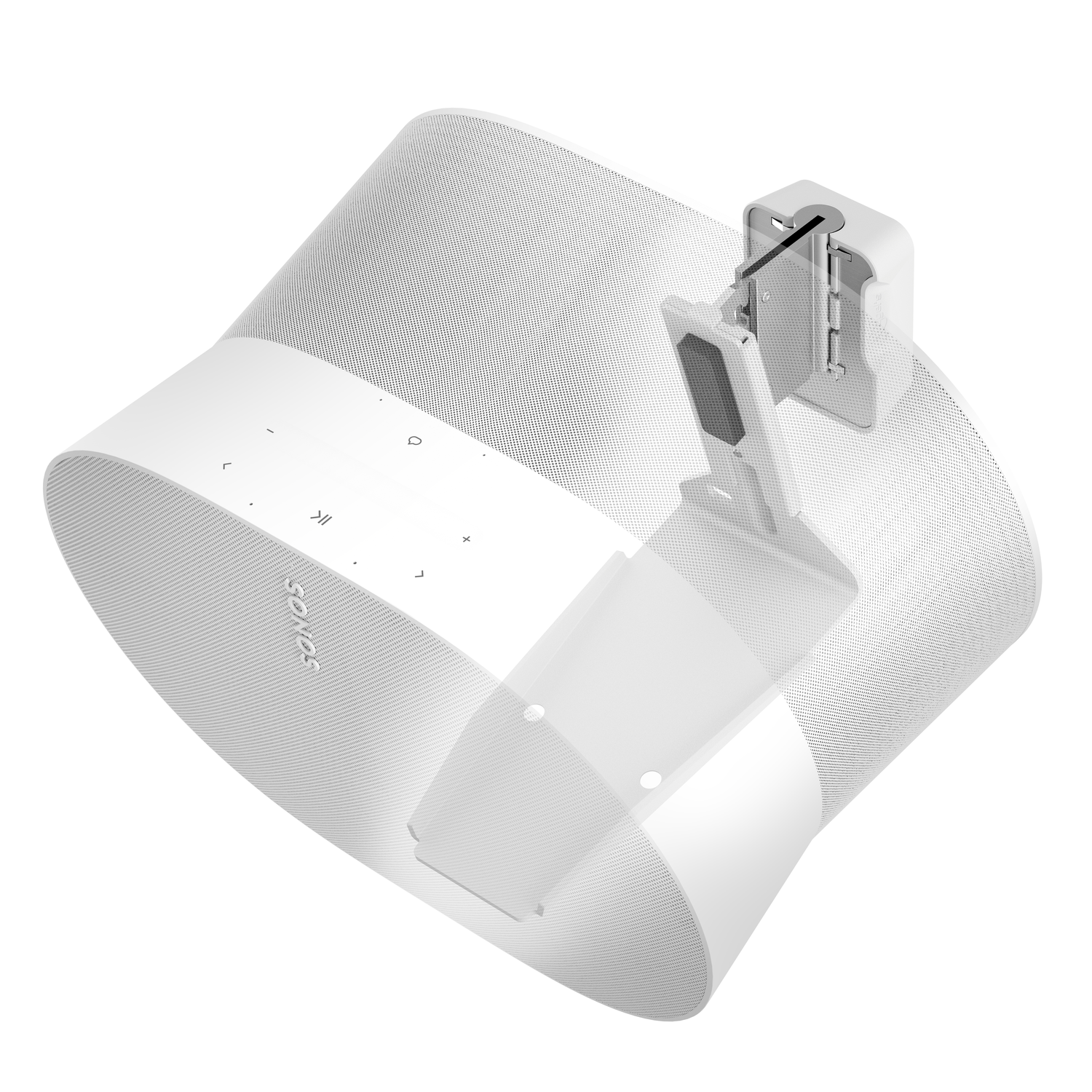 Enceinte cylindrique blanche avec support transparent, sur fond blanc, vue en angle.