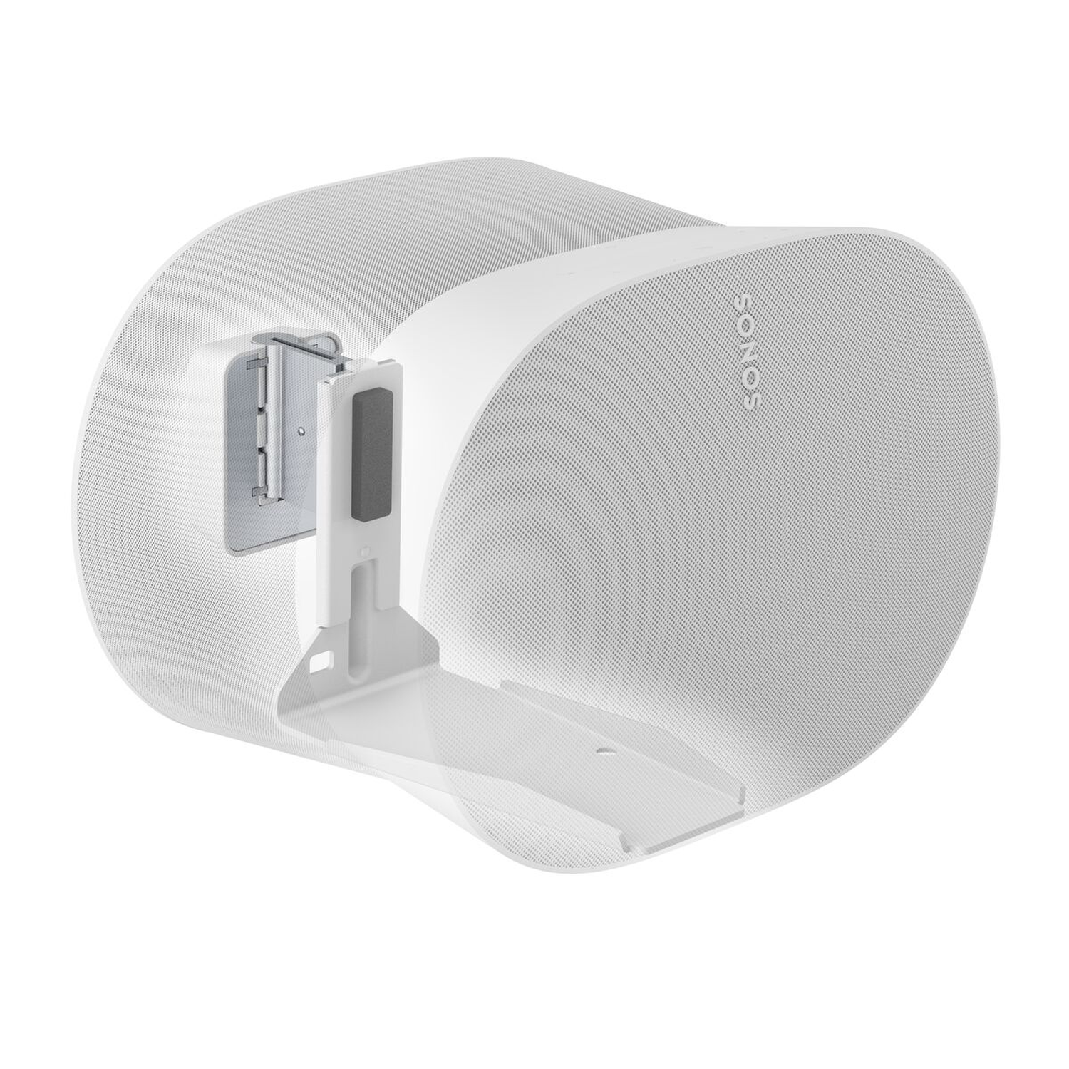 Haut-parleur Sonos blanc monté sur un mur. Le haut-parleur est de forme ovale avec un maillage blanc.