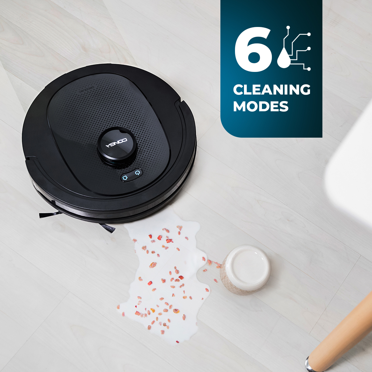 Robot odkurzający na podłodze. Jest czarny, z wodą i zanieczyszczeniami. Grafika pokazuje 6 trybów czyszczenia.