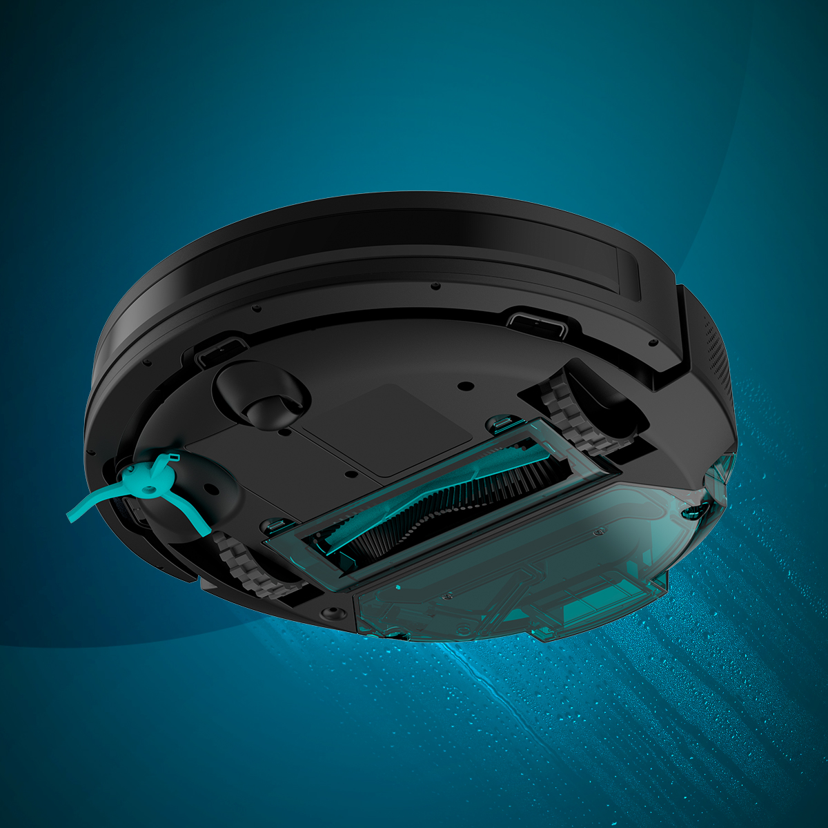 Czarny robot sprzątający, przezroczysty spód pokazujący szczotki, turkusowe akcenty, na niebieskim.