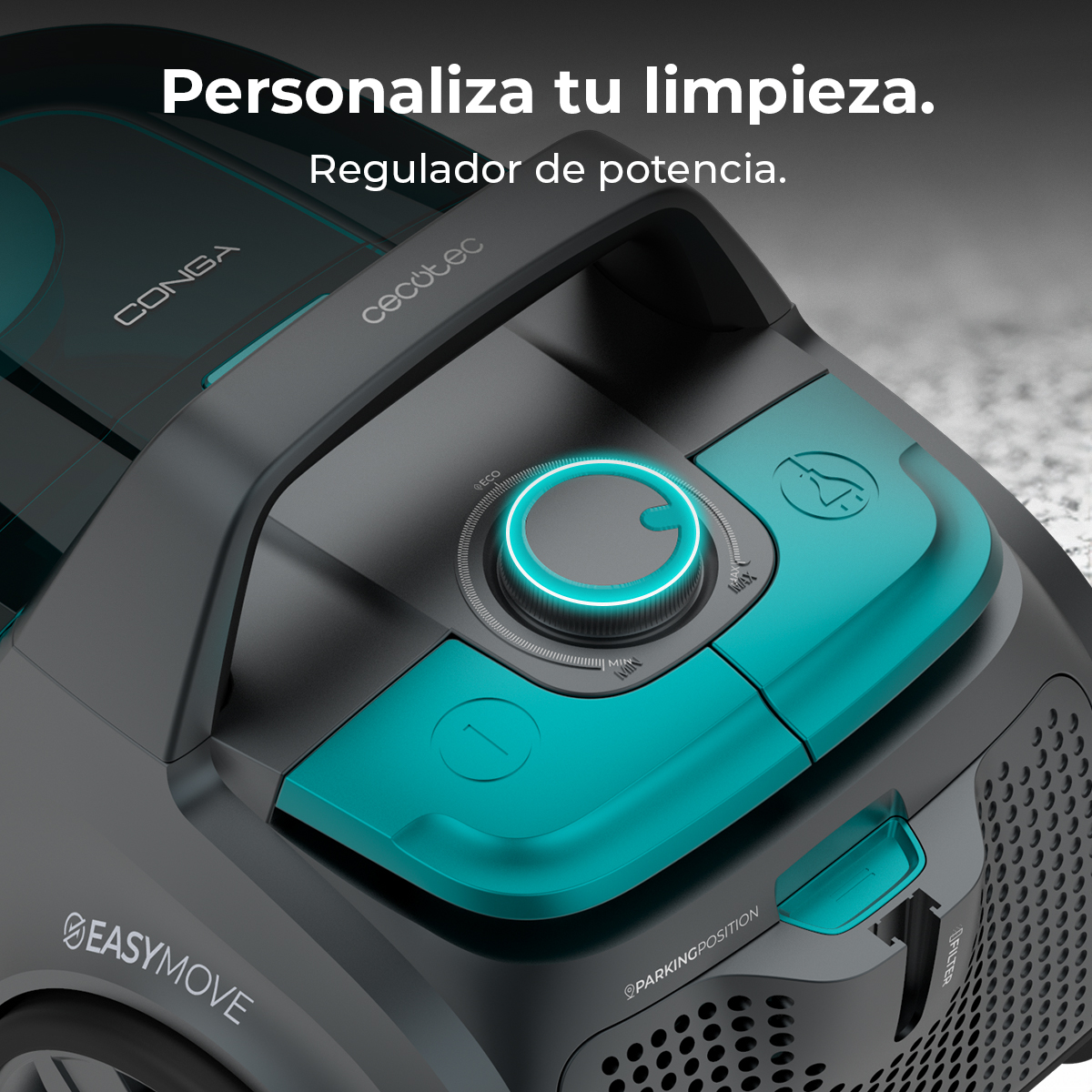 Primer plano de una aspiradora negra y verde azulado con controles. Texto: 'Personaliza tu limpieza'.