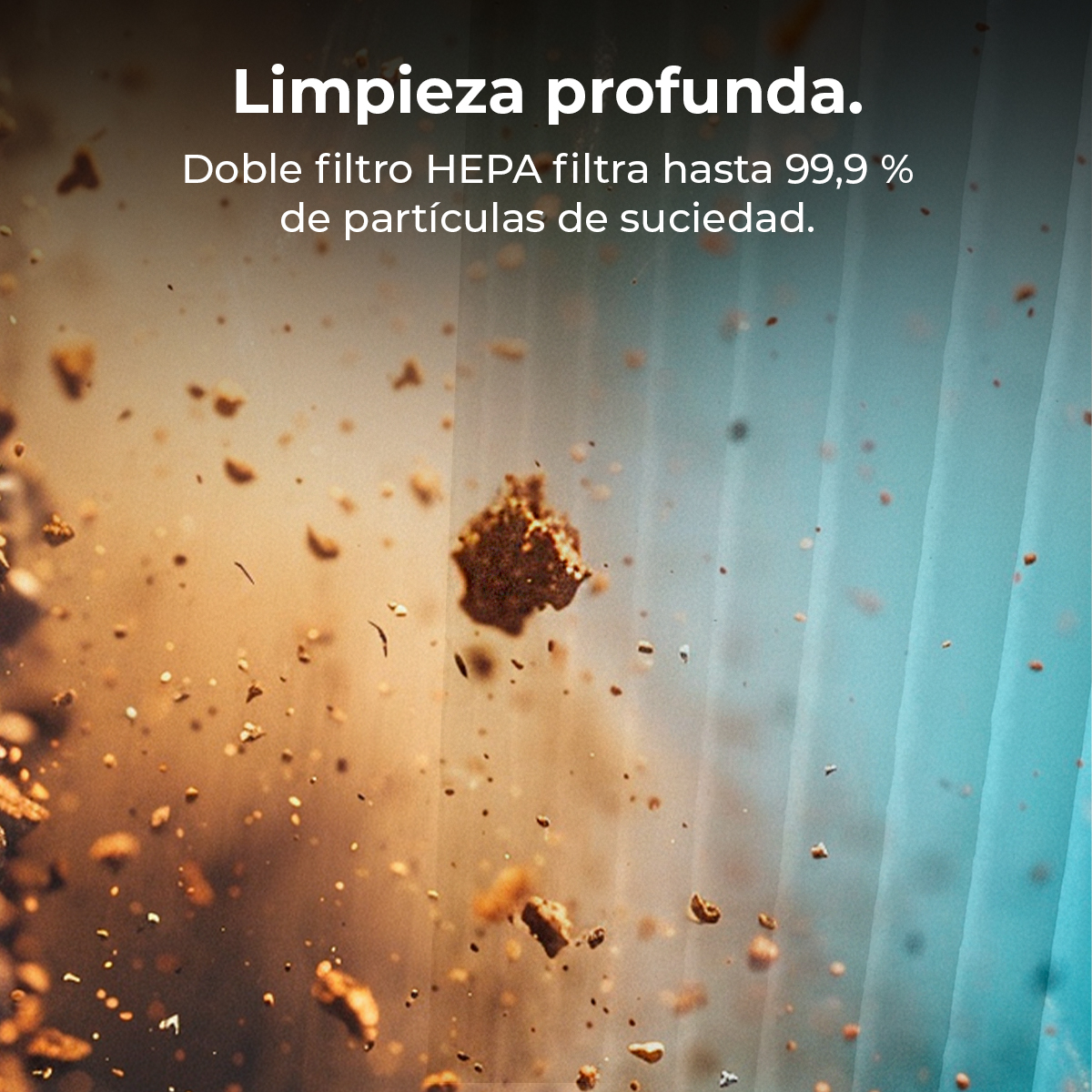 Partículas de polvo en el aire, con enfoque en un grupo marrón y un fondo azul-naranja.