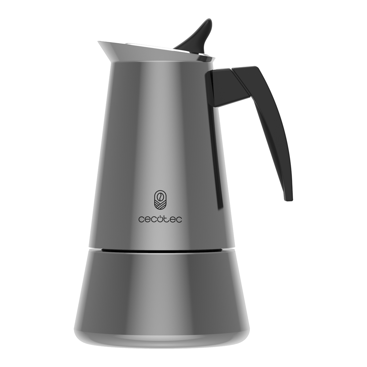 Eine Espressokanne aus Edelstahl mit schwarzem Griff, vor dunklem Hintergrund.
