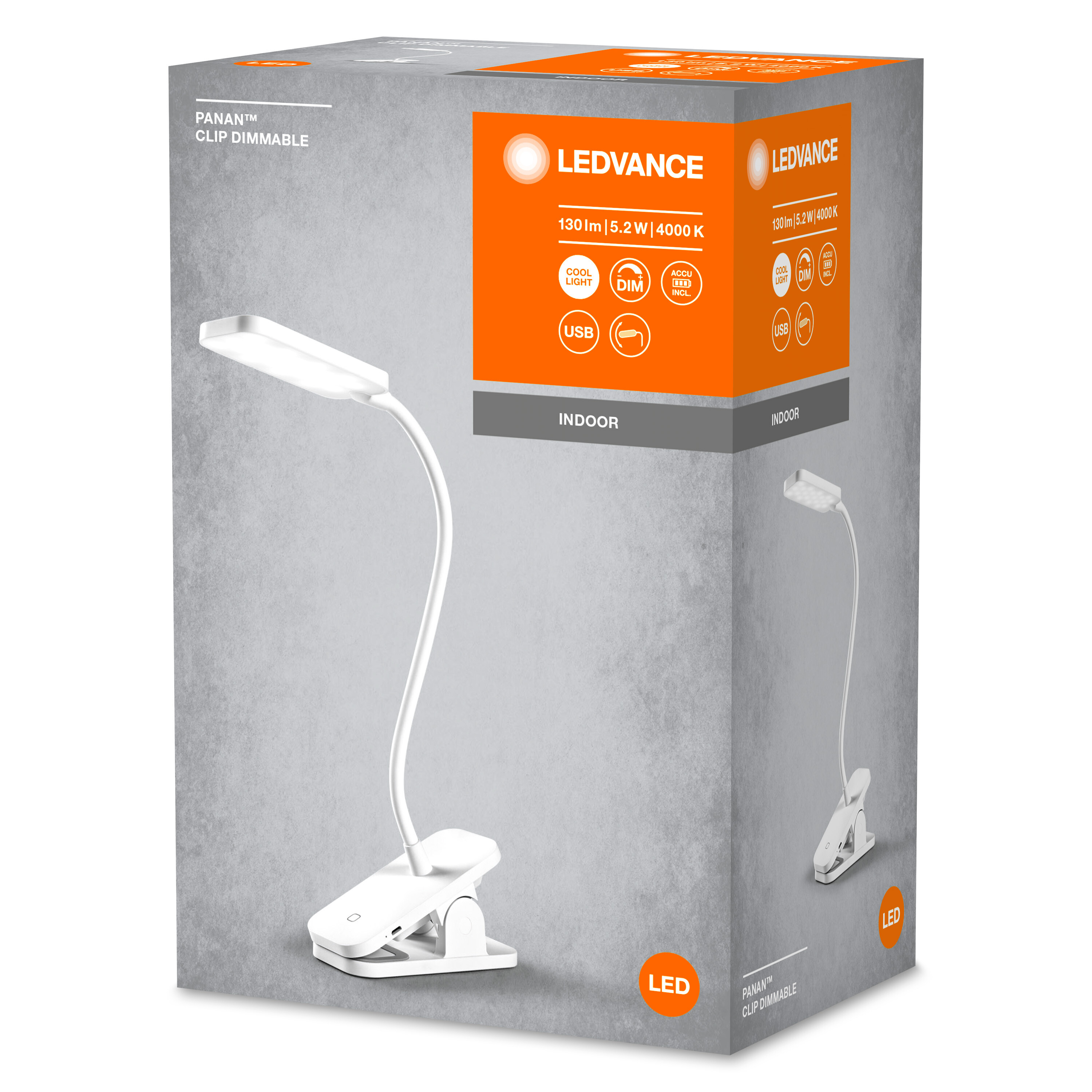 Eine weiße LED-Schreibtischlampe auf einer weißen Box. Auf der Box steht LEDVANCE und indoor. Weißer Hintergrund.