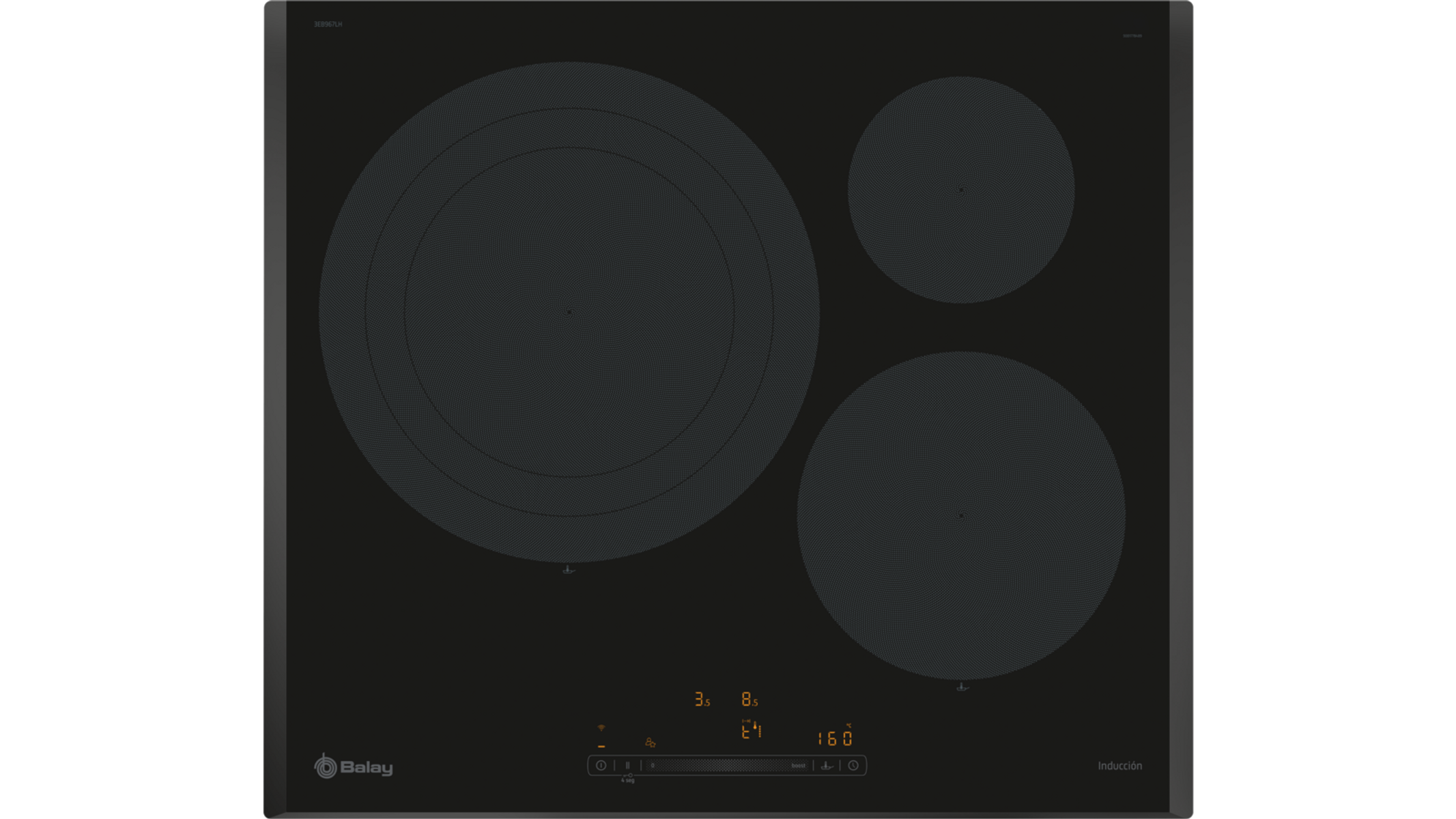 Płyta indukcyjna z trzema ciemnoszarymi okrągłymi strefami gotowania i panelem sterowania poniżej.