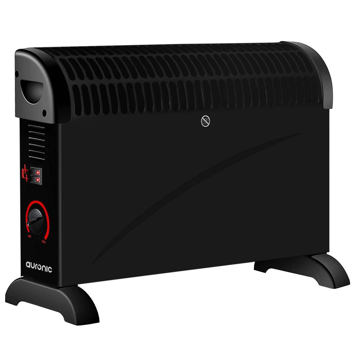 Een zwarte heater met zwarte poten. Het staat op een wit oppervlak.