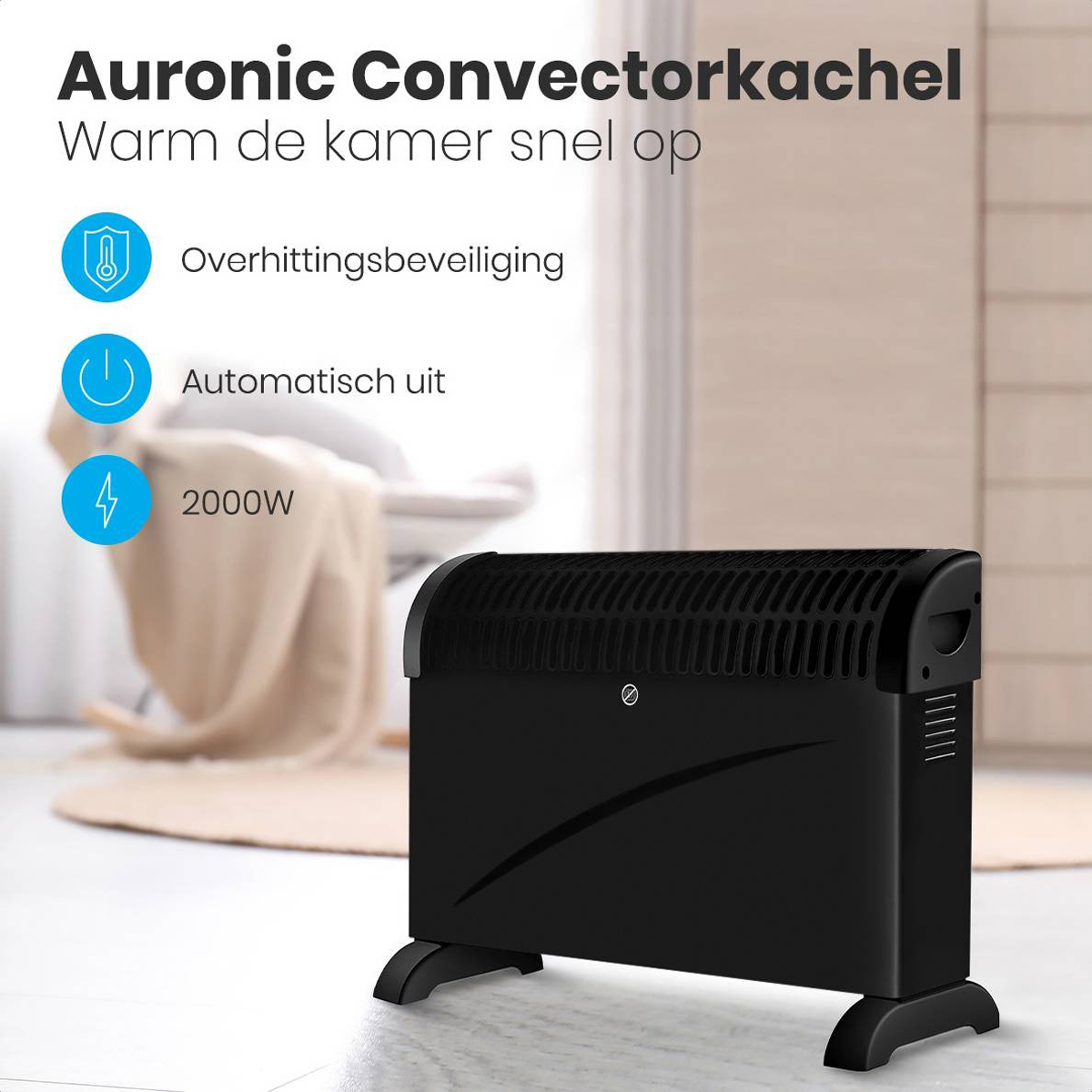 Zwarte elektrische kachel met bediening. Tekst: Oververhittingsbeveiliging, automatisch uit, 2000W.
