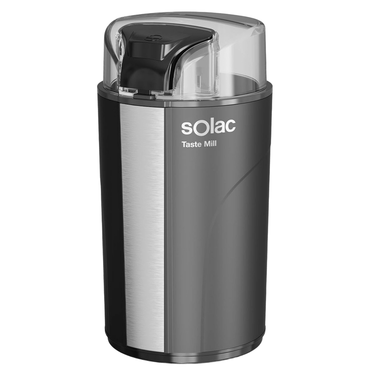 Solac Taste Mill, czarny i srebrny elektryczny młynek do kawy. Posiada przezroczystą pokrywę.
