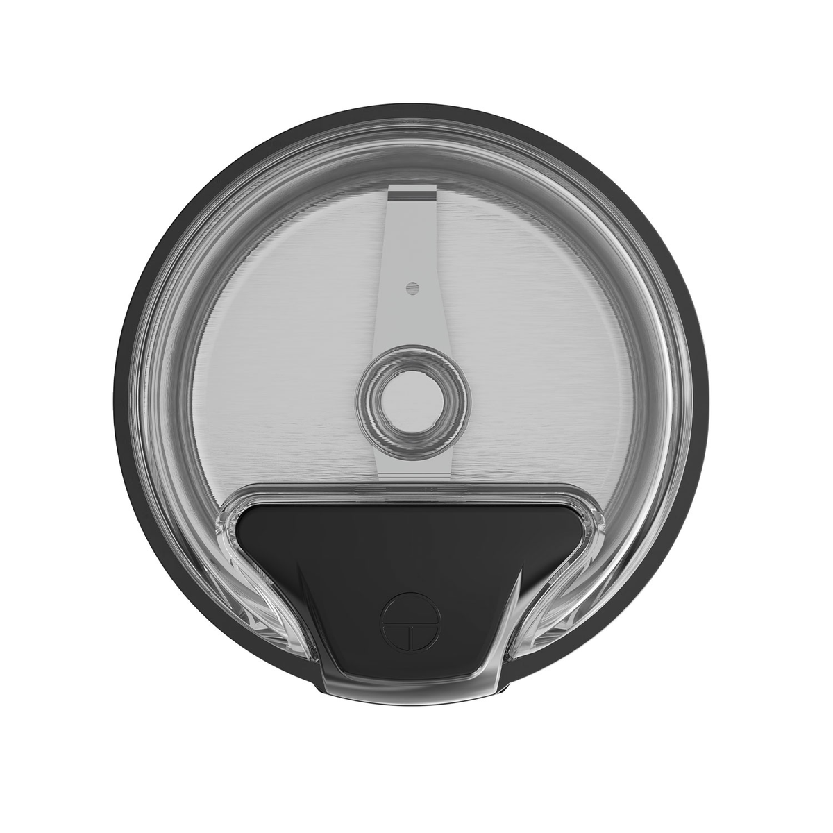 Widok z góry czarnej pokrywy z przezroczystym środkiem, ukazującym metalową część.