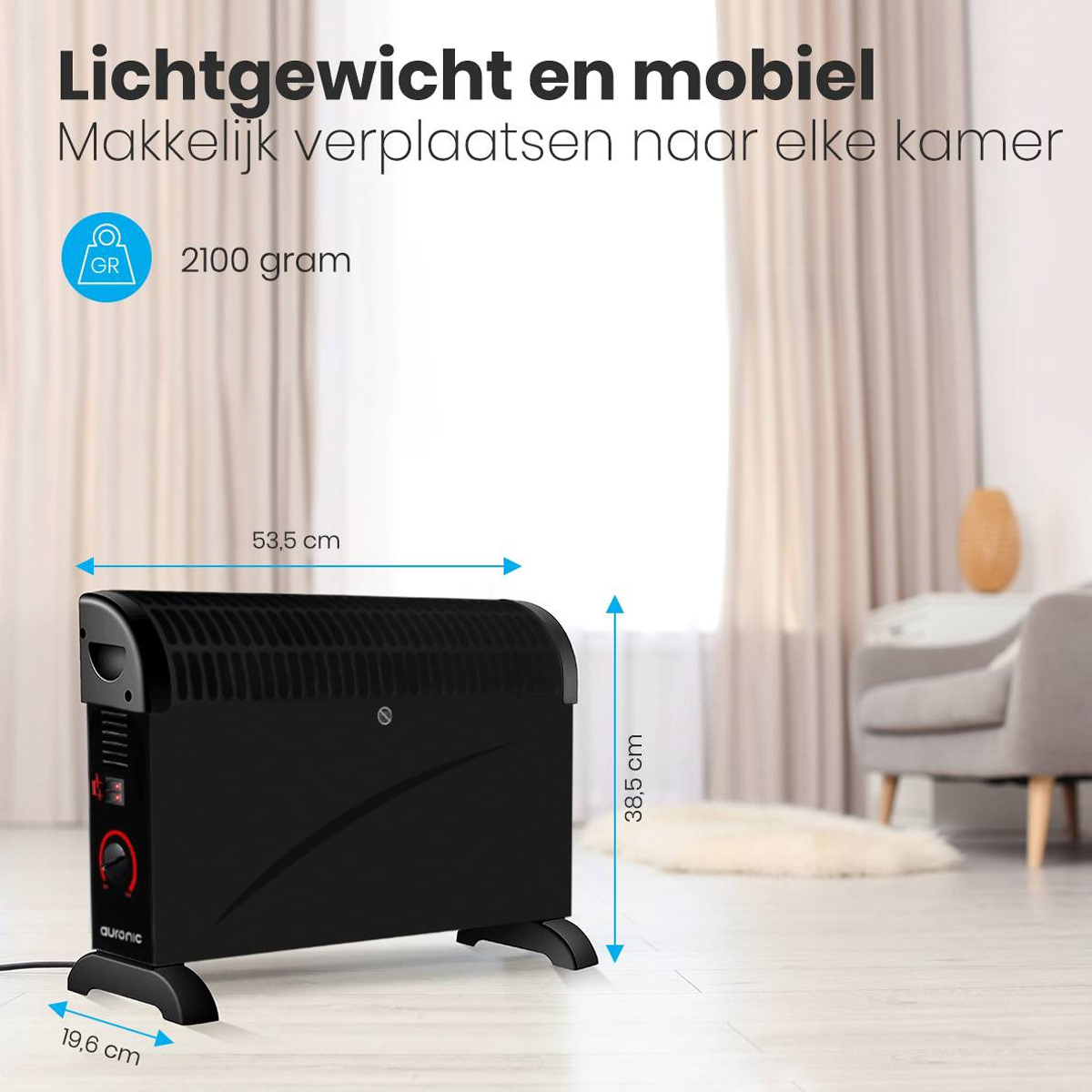 Zwarte elektrische kachel. Afmetingen worden weergegeven. Witte tekst linksboven.