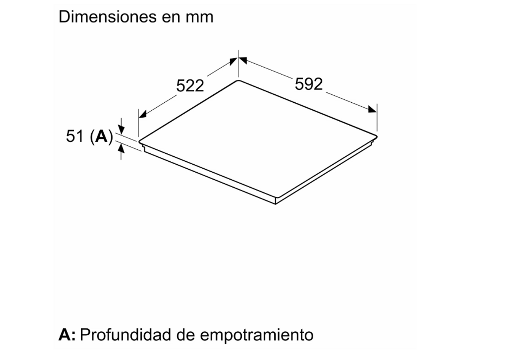 Schemat płaskiej powierzchni z wymiarami. Wymiary to 522 mm x 592 mm, głębokość 51 mm.