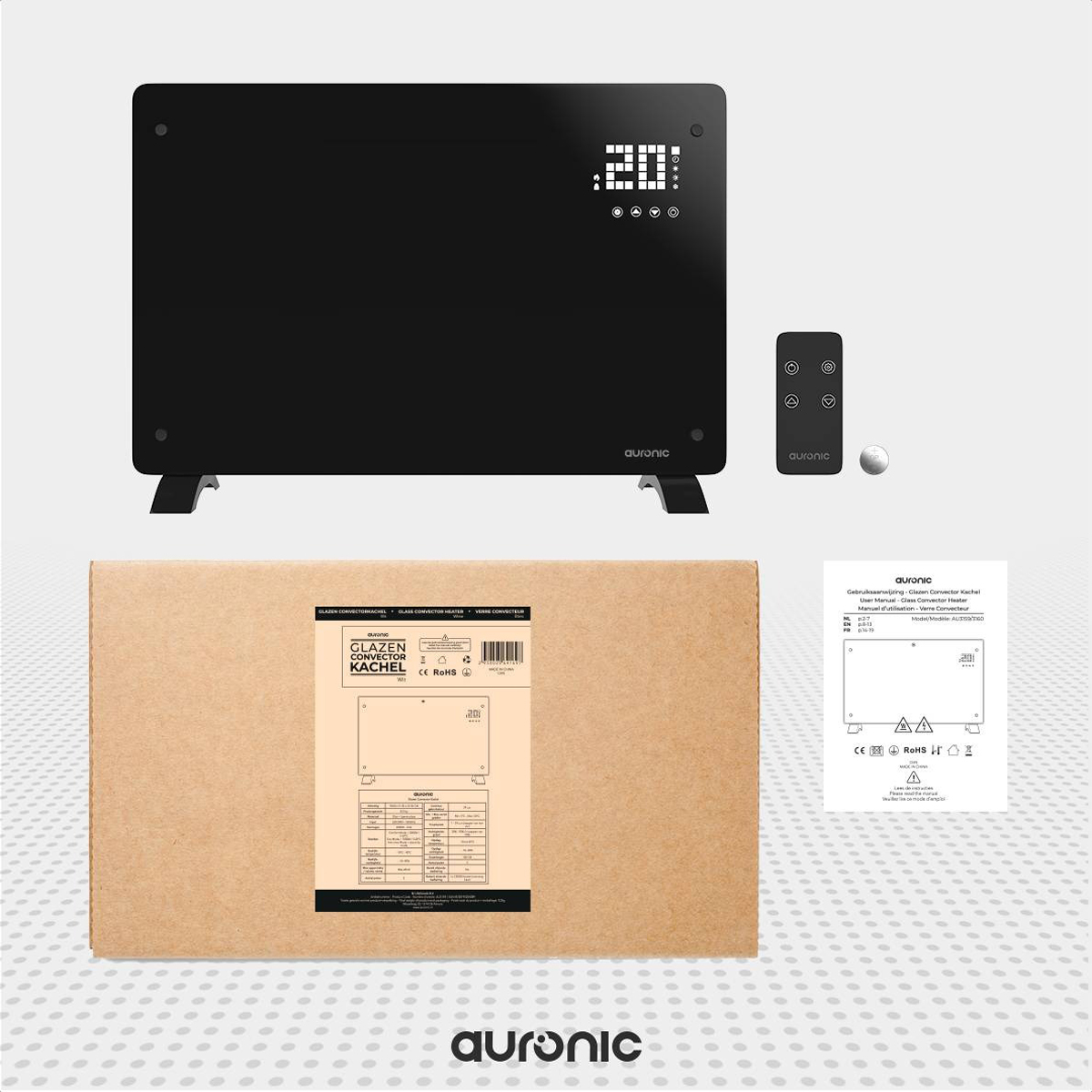 Black electric heater with box, remote, and manual. Display shows 20:00. Brand name Auronic.